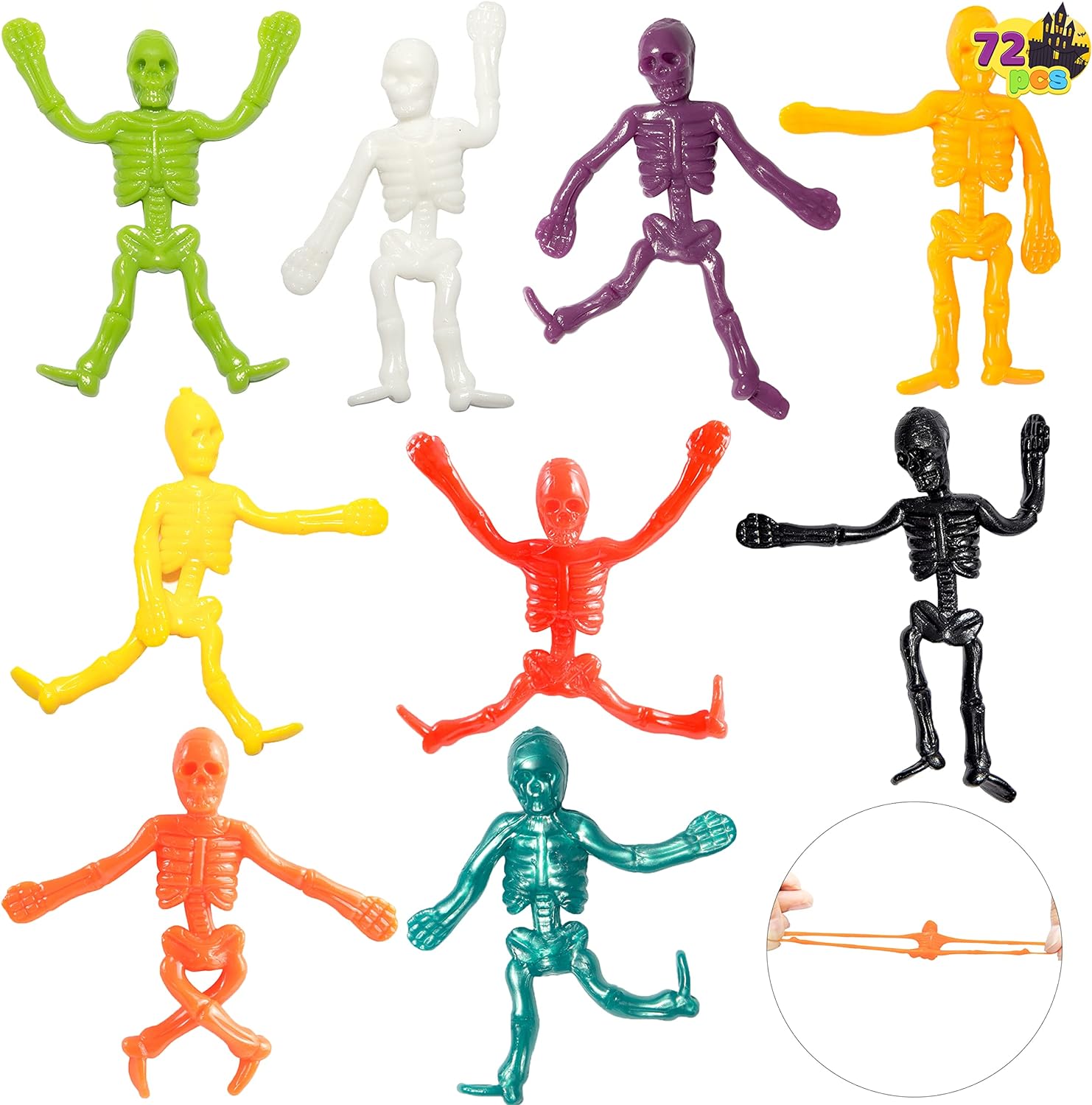 JOYIN 72 PCS Halloween Stretchy Skeletons, Halloween Stress Relief Toys Assorted 9 Colors Stretchy Skull Toys for Halloween Trick or Treat Party Favor, Halloween Goody Bag Fillers