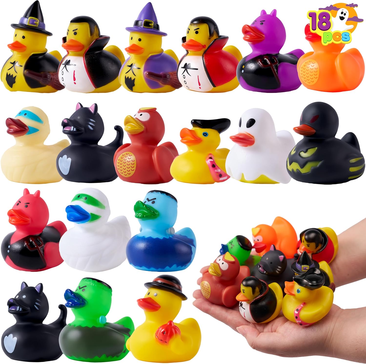 JOYIN 18 PCS Halloween Fancy Novelty Assorted Rubber Ducks for Fun Bath Squirt Squeaker Duckies, School Classroom Giveaway Bath Toys Prizes Ducky, Trick or Treat Fillers Party Favor