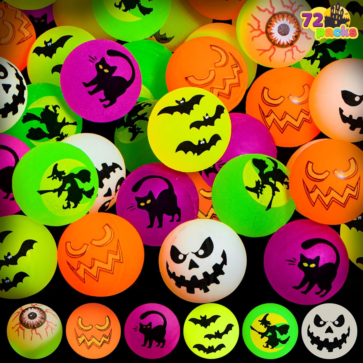 JOYIN 72 Halloween Glow in The Dark Bouncing Balls, Halloween Theme Designs Bouncy Balls for Halloween Party Favor Supplies, School Classroom Game Rewards, Trick or Treating Goodie