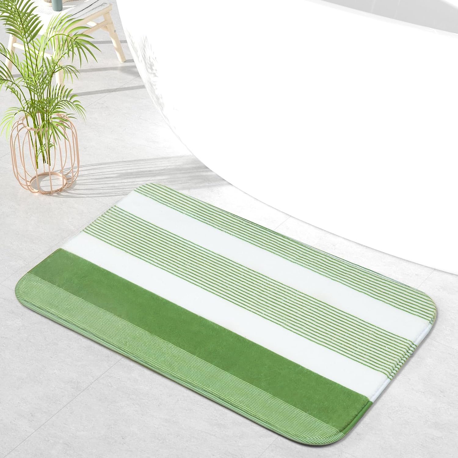 QIYI Bathroom Rug 24x16, Soft Absorbent Microfiber Bath Rug, Non-Slip Quick Dry Bath Carpet, Machine Washable Bathroom Accessories, Floor Dcor Bathmat for Bathroom, Tub and Shower, Sage Green Stripes