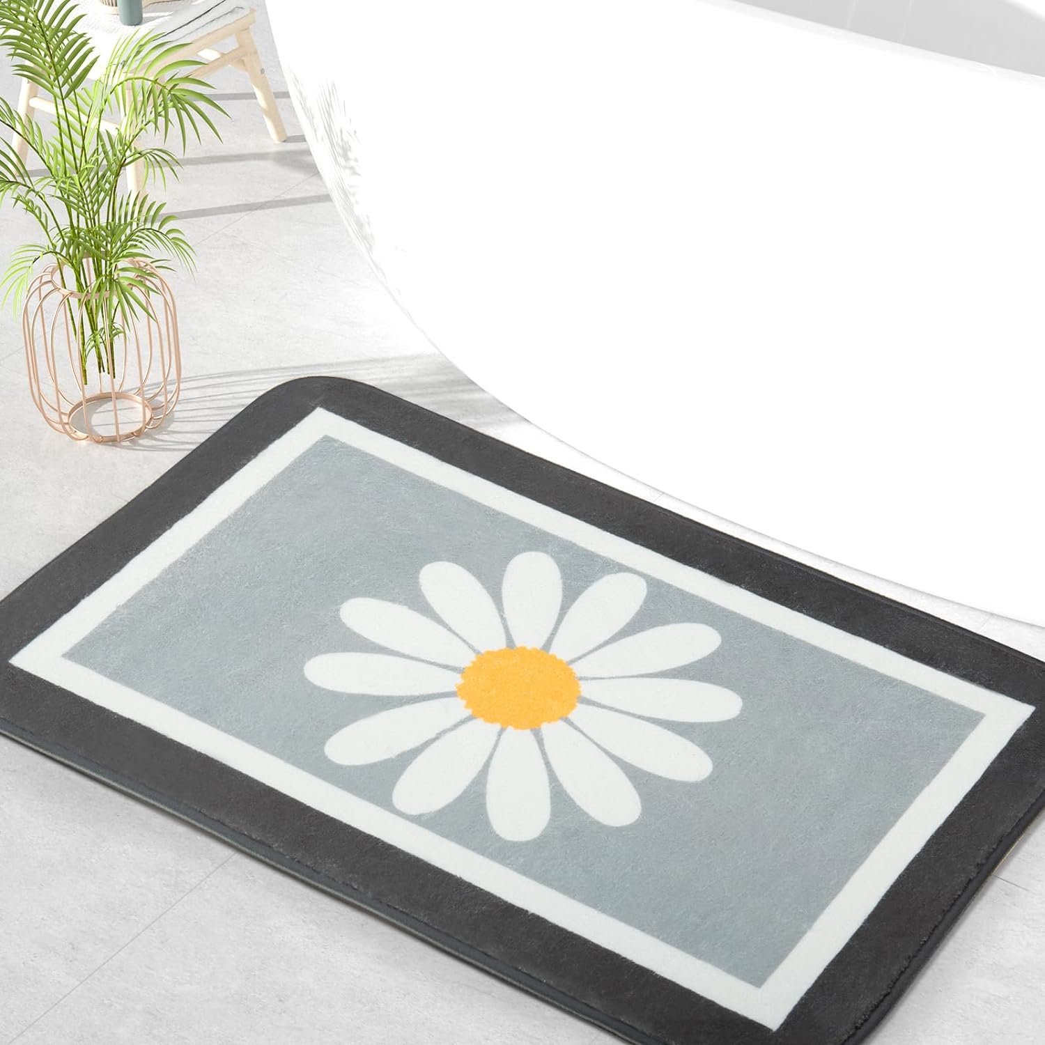 QiyI Bathroom Rug 32x20, Soft Absorbent Microfiber Bath Rug, Non-Slip Flower Bath Carpet, Machine Washable Bathroom Accessories, Grey Floor Dcor Bathmat for Bathroom, Tub and Shower, White Daisy