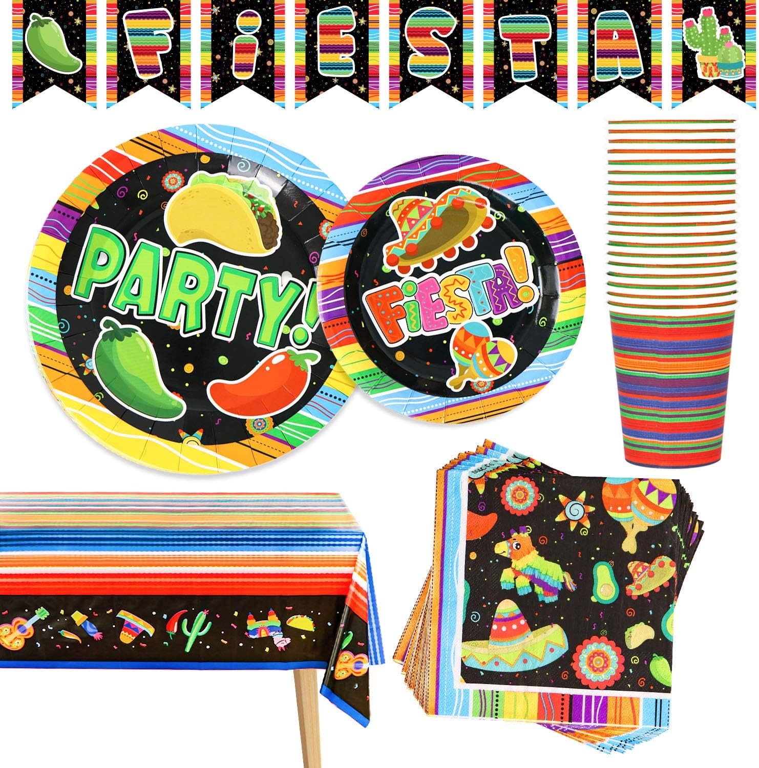 JOYIN 82 PCS Mexican Party Decorations Set Supplies Disposable Including Plates, Cups, Napkins, Tablecloth and Banner for Baby Shower Decorations Favors, Cinco de Mayo Fiesta Theme Birthday Party