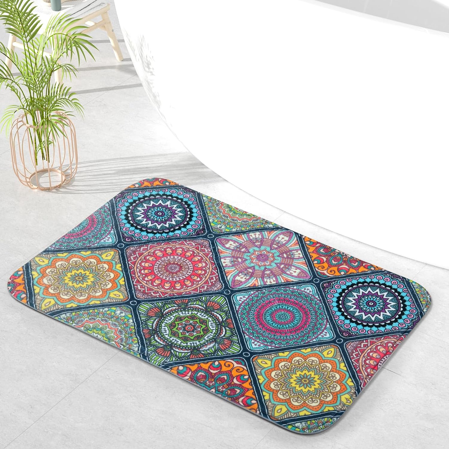 QIYI Boho Bathroom Rug 24x16, Soft Absorbent Microfiber Bath Rug, Non-Slip Quick Dry Bath Carpet, Machine Washable Bathroom Accessories, Floor Dcor Bathmat for Bathroom, Tub and Shower, Mandala Print