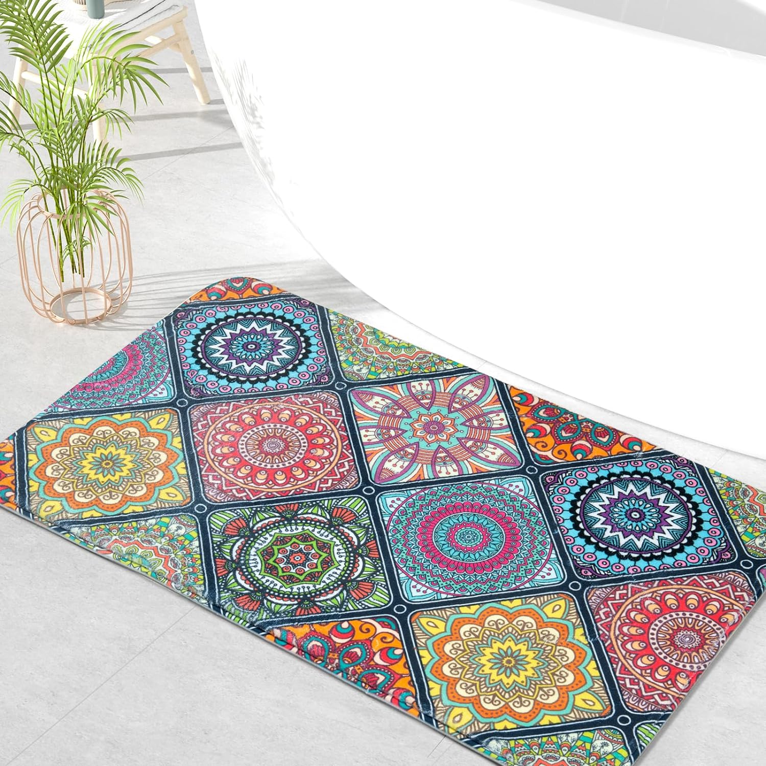 QIYI Boho Bathroom Rug 32x20, Soft Absorbent Microfiber Bath Rug, Non-Slip Quick Dry Bath Carpet, Machine Washable Bathroom Accessories, Floor Dcor Bathmat for Bathroom, Tub and Shower, Mandala Print