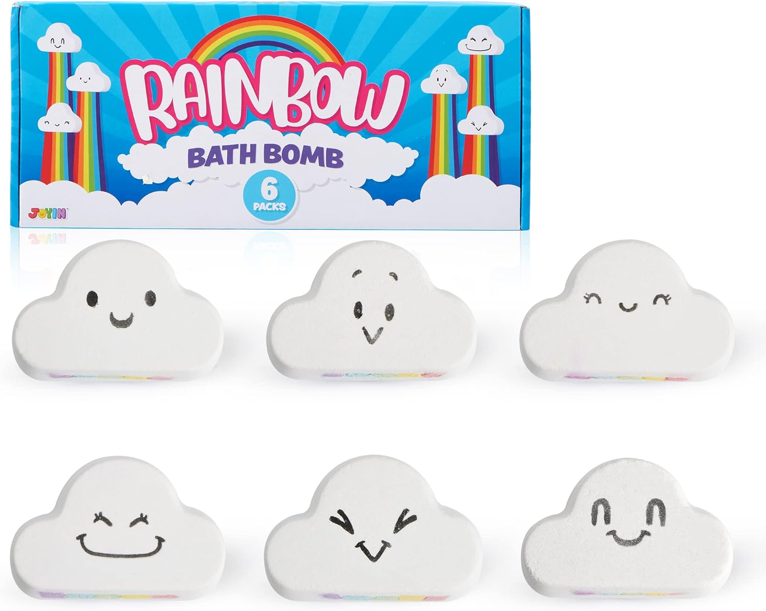 JOYIN Rainbow Bath Bombs Gift Set, 6 Packs Cloud Shaped Bubble Bath Bombs with Assorted Cute Faces, Natural Essential Oil SPA Bath Fizzies Set, Kids & Women Birthday Gift Easter Basket Stuffers