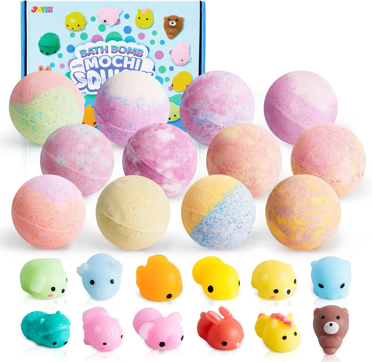 JOYIN Bath Bombs for Kids with Mochi Squishy Toy, 12 Pack Bubble Bath Bombs with Surprise Toy Inside, Natural Essential Oil SPA Bath Fizzies Set, Christmas Party Favors for Boys Girls Birthday Gifts