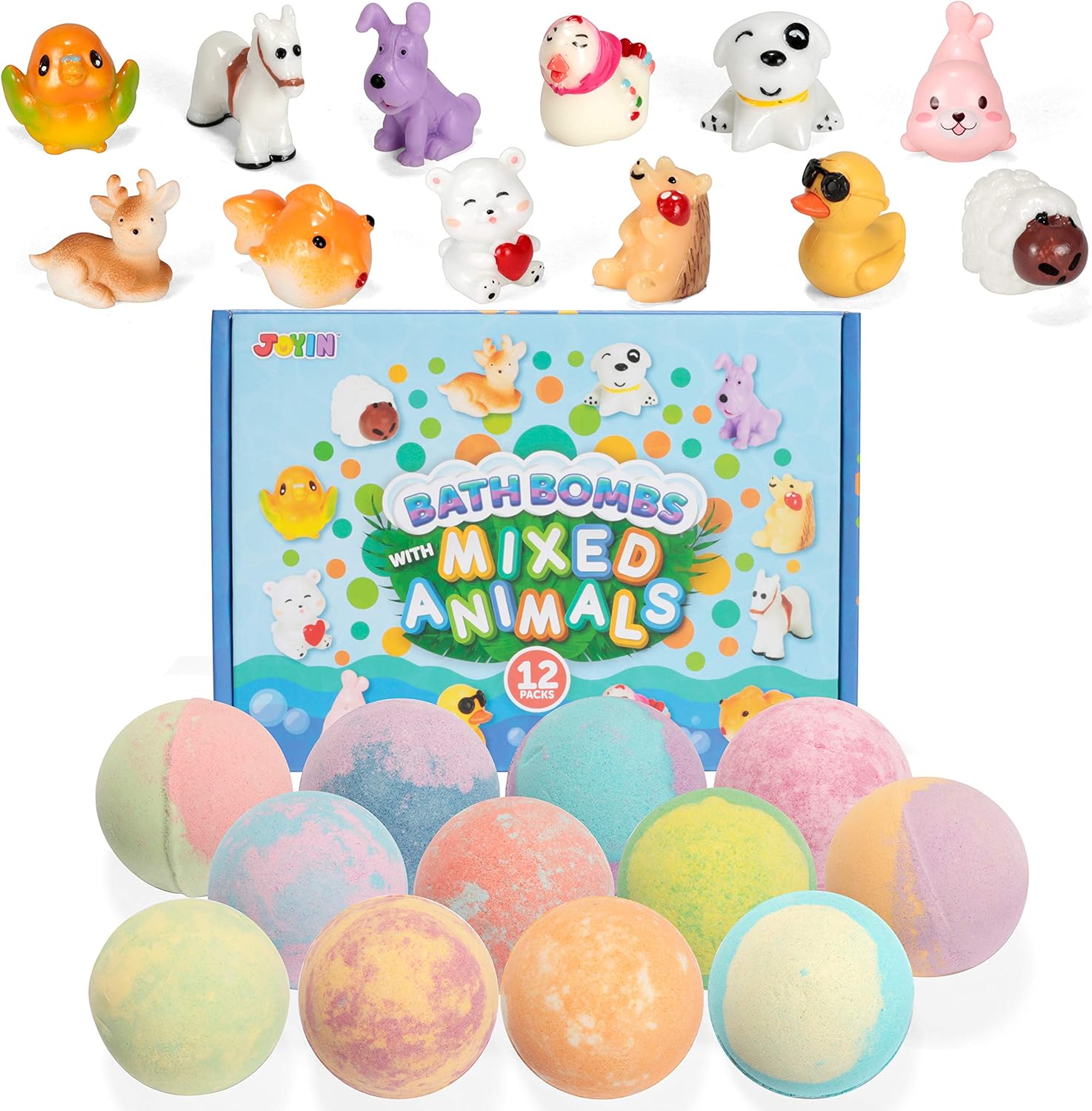 JOYIN Bath Bombs with Mixed Animal Toys for Kids, 12 Packs Bubble Bath Bombs with Surprise Inside, Natural Essential Oil SPA Bath Fizzies Set, Christmas Party Favors for Boys Girls Birthday Gifts