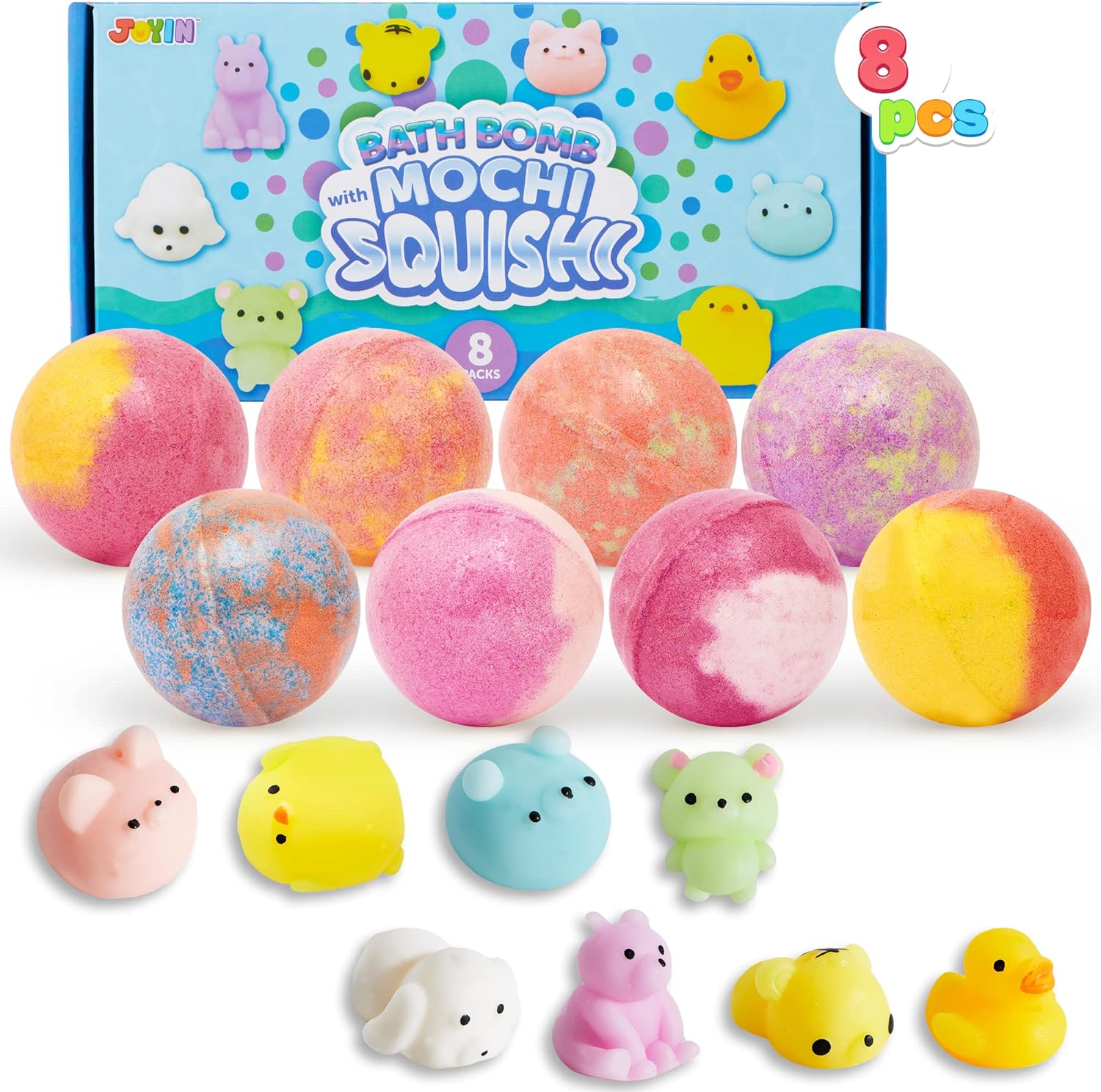 8 Pack Bubble Bath Bombs for Kids with Mochi Squishy Toy, Surprise Toy Inside, Natural Essential Oil SPA Bath Fizzies Set, Kids Safe Christmas Party Favors for Boys and Girls