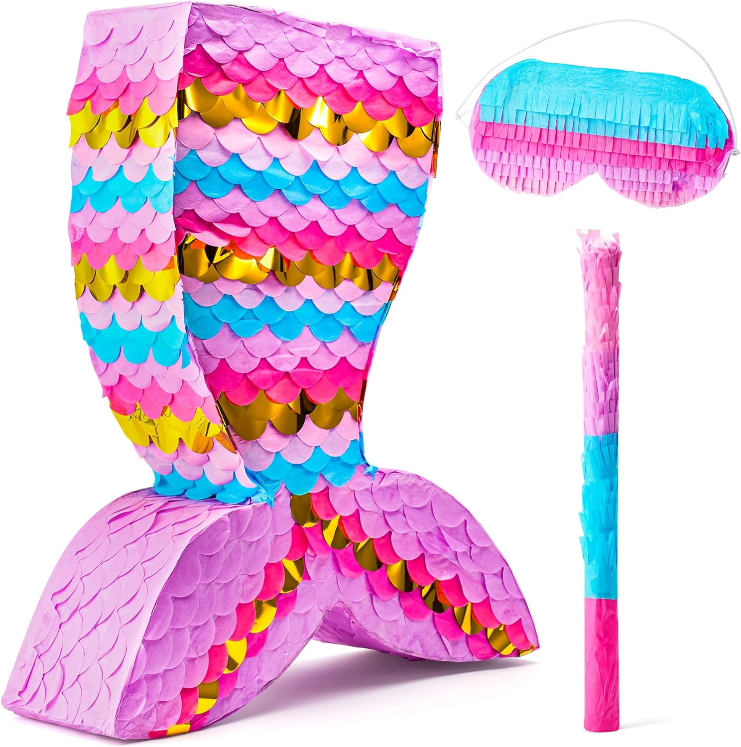 Mermaid Tail Pinata with Plastic Bat and Paper Blindfold for Fun Fiesta Taco Party Supplies, Photo Props, Mexican Theme Decoration, Carnivals Festivals, Girl Kids Birthday Parties 13W x 16H x 4D