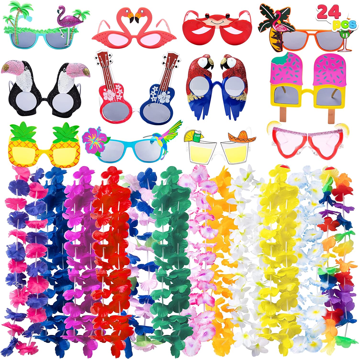 JOYIN 12 Pieces Luau Party Glasses and 12 Pieces Hawaiian Leis, Flowers Leis Garlands Novelty Sunglasses, Tropical Birthday Summer Beach Party Decoration Supplies