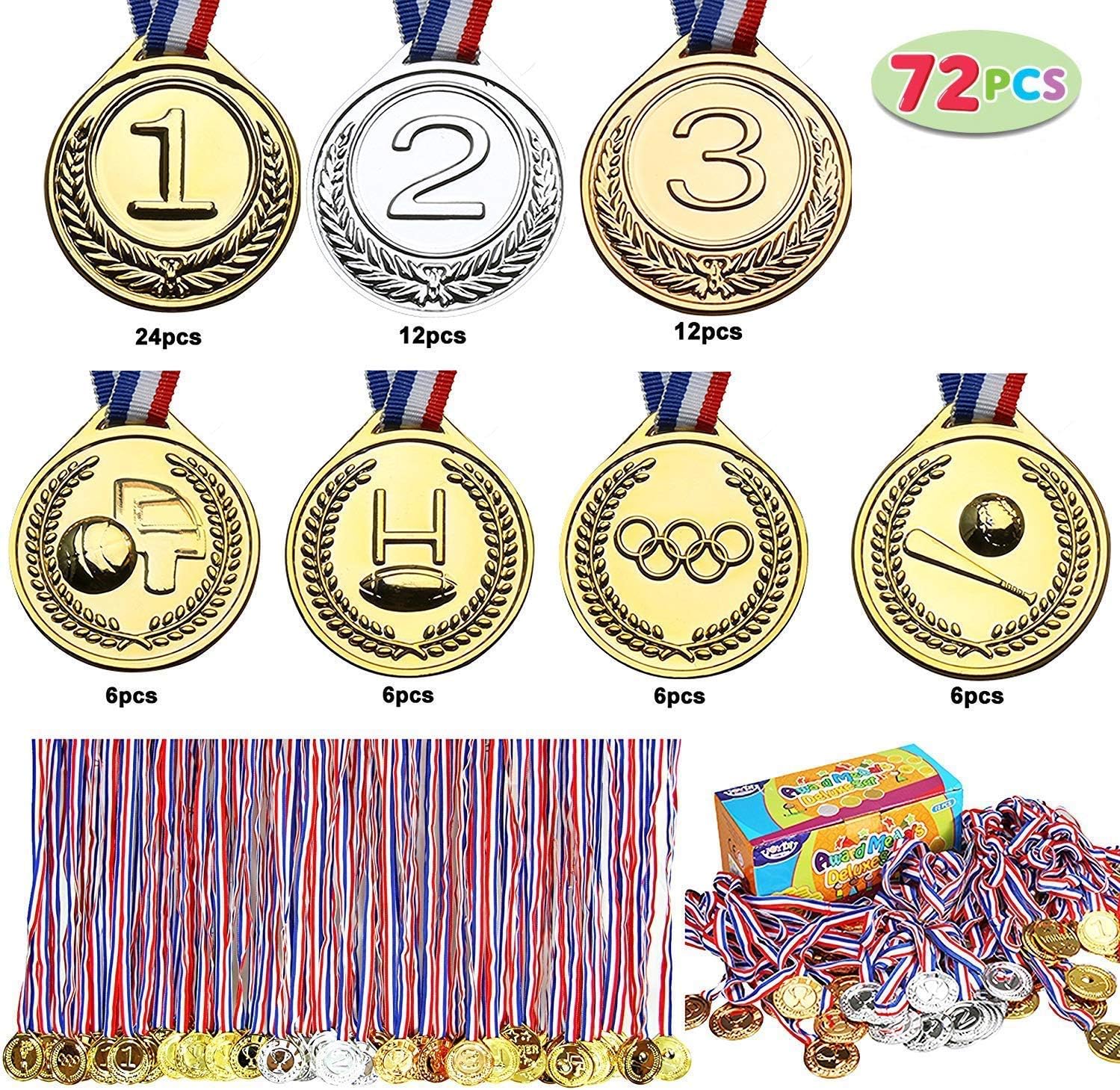 Joyin Toy 72 PCs Gold Medals for Party Favors, Classroom Rewards, Game Prizes (Gold, Silver, Bronze, Football, Basketball, Baseball and Olympic Award Medals)