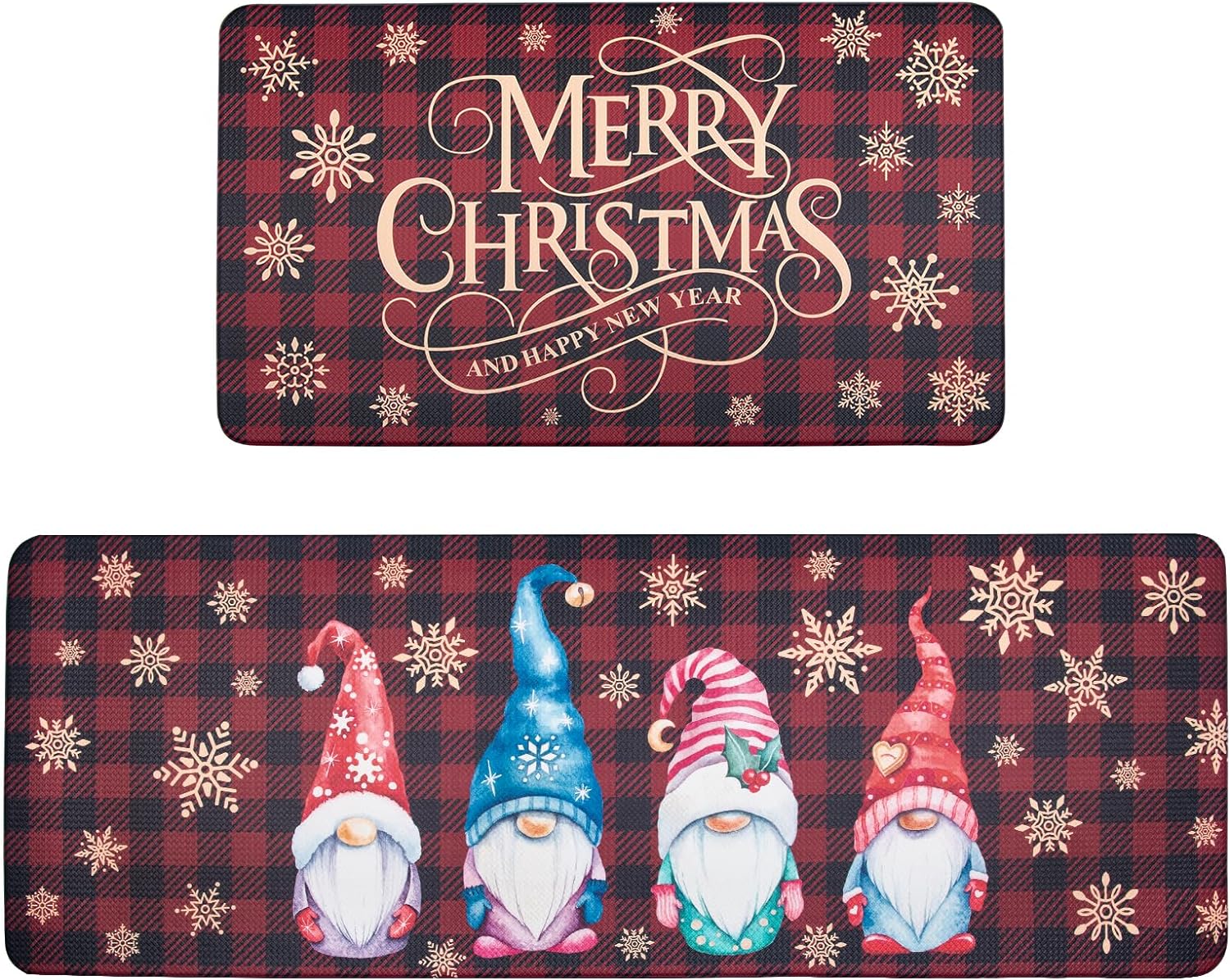 QIYI Kitchen Rugs 2 Pieces Anti Fatigue Floor Mats Set PVC Leather Waterproof Runner Office Standing Mat Foam Cushioned Comfort Doormat 17 W x 29 L + 17 W x 47 L - Christmas Gnomes & Buffalo Plaid