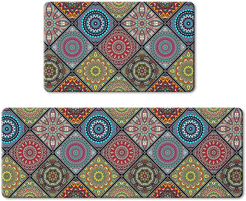 QIYI Boho Anti Fatigue Kitchen Mats, 2 Pieces Cushioned Kitchen Runner Rugs, Waterproof Comfort Floor Mat Kitchen Accessories, Mandala Indoor Dcor Non Slip Standing Mat, 17 W x 29 L   17 W x 47 L