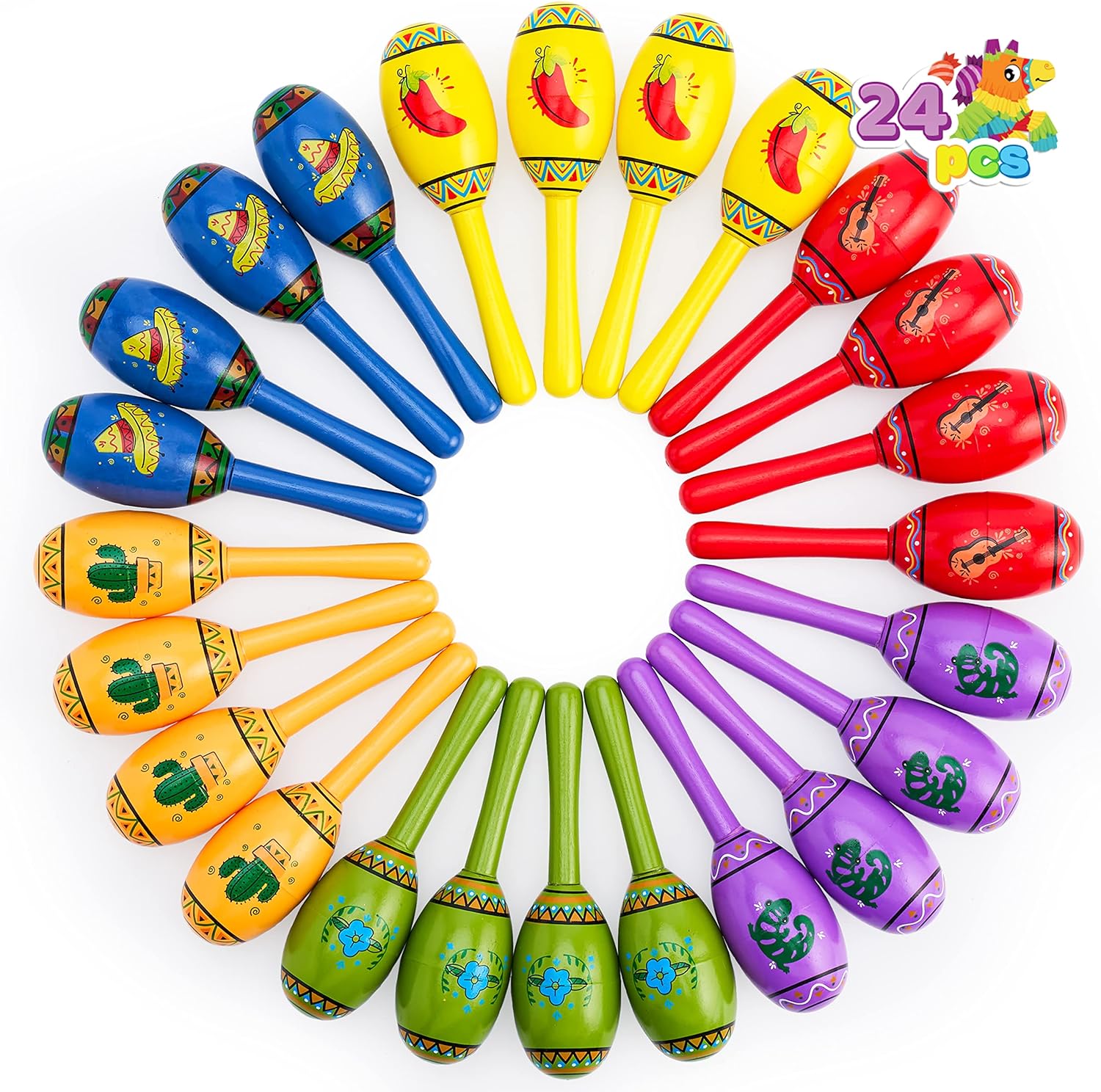 JOYIN 24 Mini Wooden Fiesta Maracas 6 Designs Noisemaker for Mexican Fiesta, Cinco De Mayo Party Favors, Musical Fun, Birthday Parties, Luau Party, Carnivals, Taco Tuesday Event