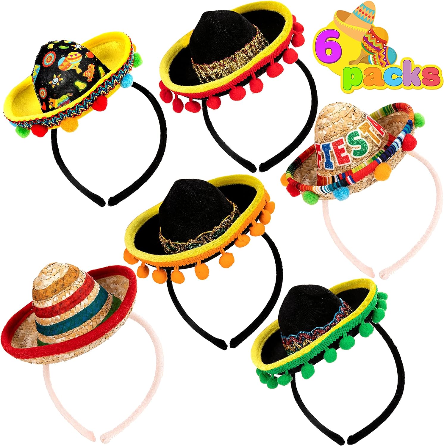 JOYIN 6 PCS Cinco De Mayo Fiesta Fabric and Straw Sombrero Headbands Party Costume for Fun Fiesta Hat Party Supplies, Mexican Theme Decorations, Luau Event Photo Props and Party Favors