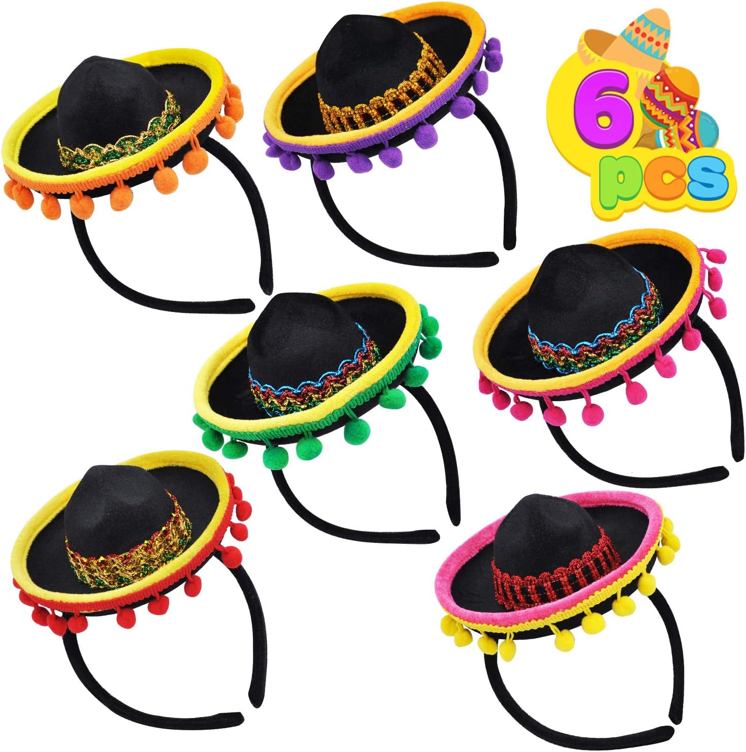 JOYIN 6 PCS Cinco De Mayo Fiesta Fabric Sombrero Headbands Party Costume for Fun Fiesta Hat Party Supplies, Luau Event Photo Props, Mexican Theme Decorations and Party Favors.