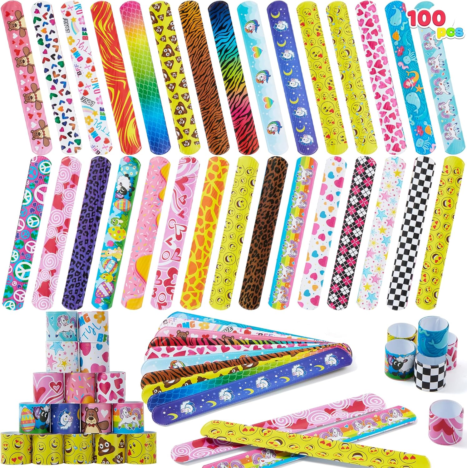 JOYIN 100 PCs Slap Bracelets Toys Valentines Day Party Favors (30 Designs) with Colorful Hearts Animal and Unicorn, Valentine Classroom Prizes Exchanging Gifts