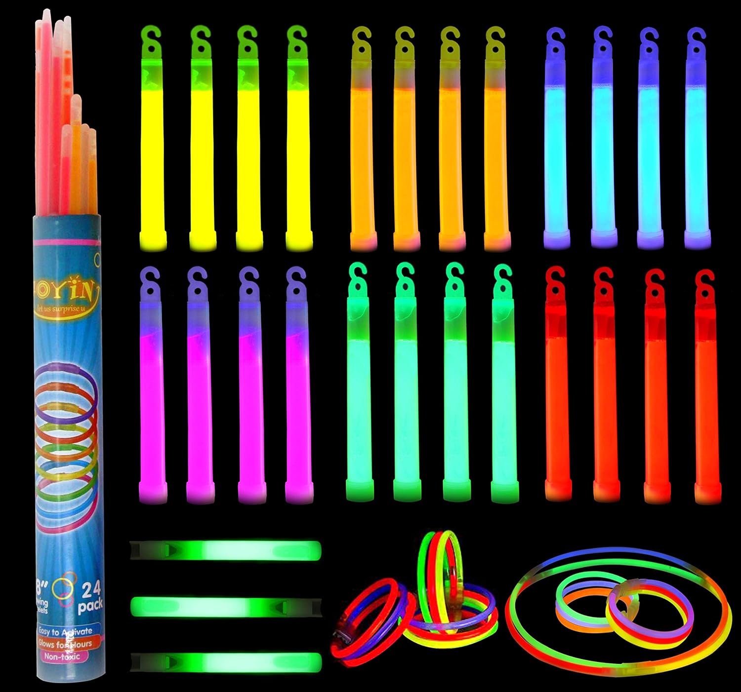 Glow Sticks Bulk 51 Pieces Including 27 6 Long 0.6 Extra Thick Industrial Grade Glowsticks Emergency (3 in Whistle Shape) and 24 8 Long Glow Stick Bracelets for July 4th Party Halloween Party