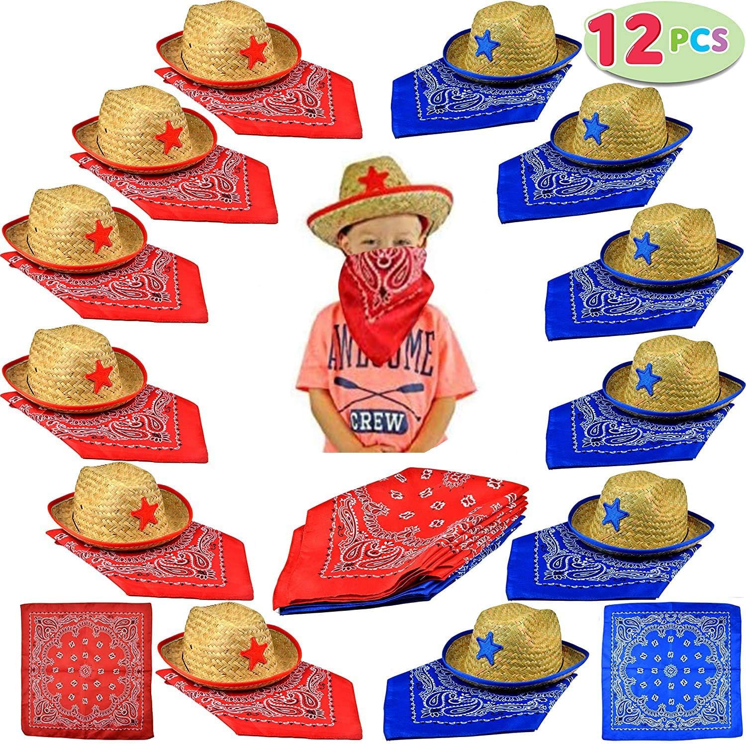 JOYIN Toy Pack of 12 Childs Straw Cowboy Hats with Cowboy Bandannas (6 Red & 6 Blue) Christmas Party Favors