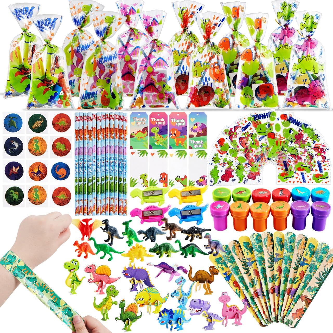 JOYIN Dinosaur Party Favors Set for 12 Kids, Dinosaur Birthday Party Supplies- Including Goody Bags, Pencil Sharpener, Dinosaur Figures, Slap Bracelets, Stickers, Pencil for Kids Party Game Prizes