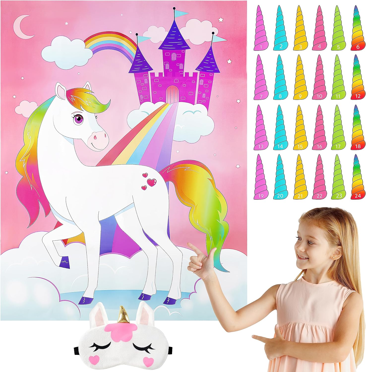 JOYIN Pin The Unicorn Horn Game -21'' x 28'' Unicorn Themed Party Games with 24 PCs Horn Stickers Party Supplies Kids Birthday Party Decoration