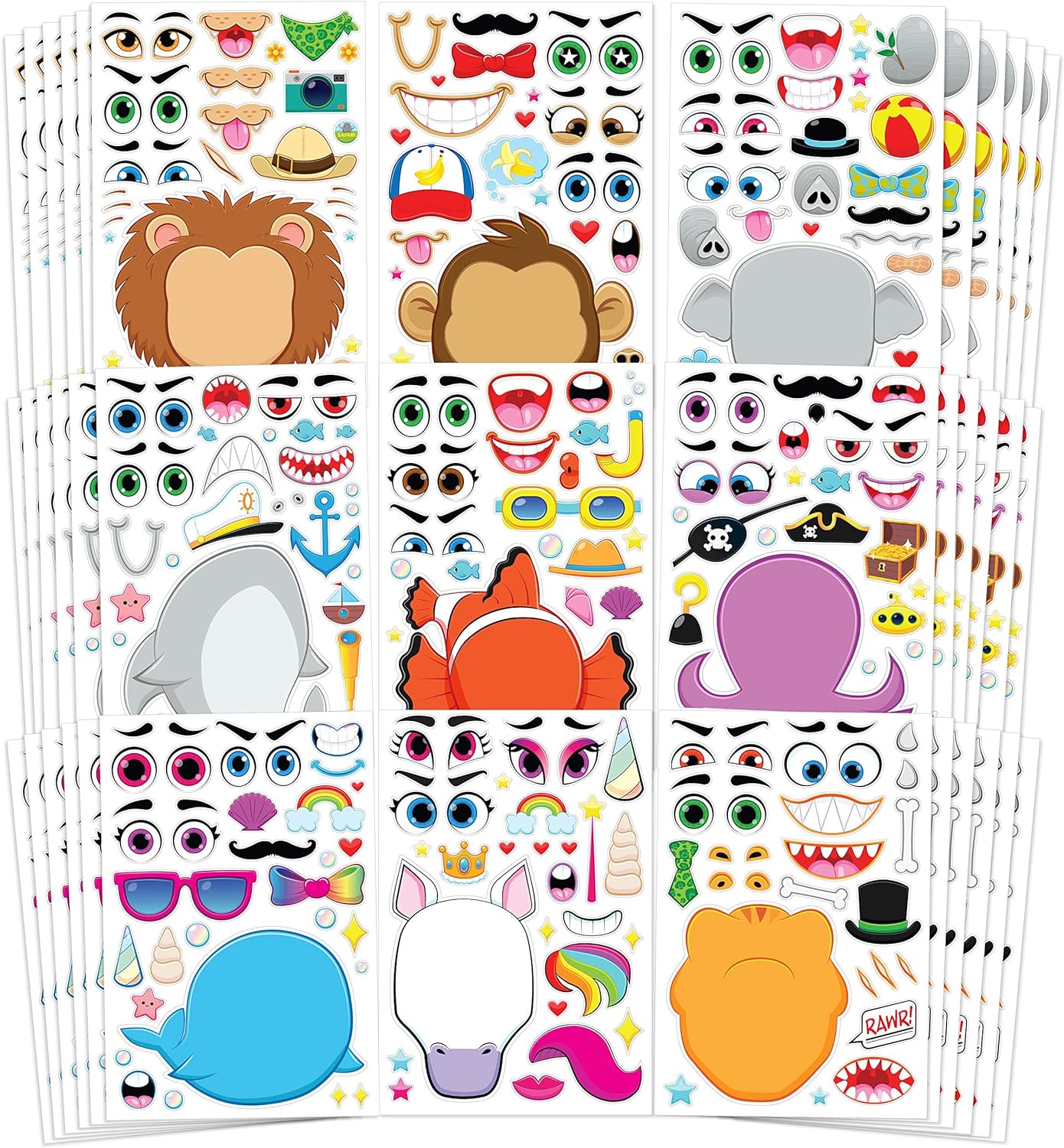 JOYIN 36 PCS 9.8x6.7 Make-a-face Sticker Sheets Make Your Own Animal Mix and Match Sticker Sheets with Safaris, Sea and Fantasy Animals Kids Party Favor Supplies Craft