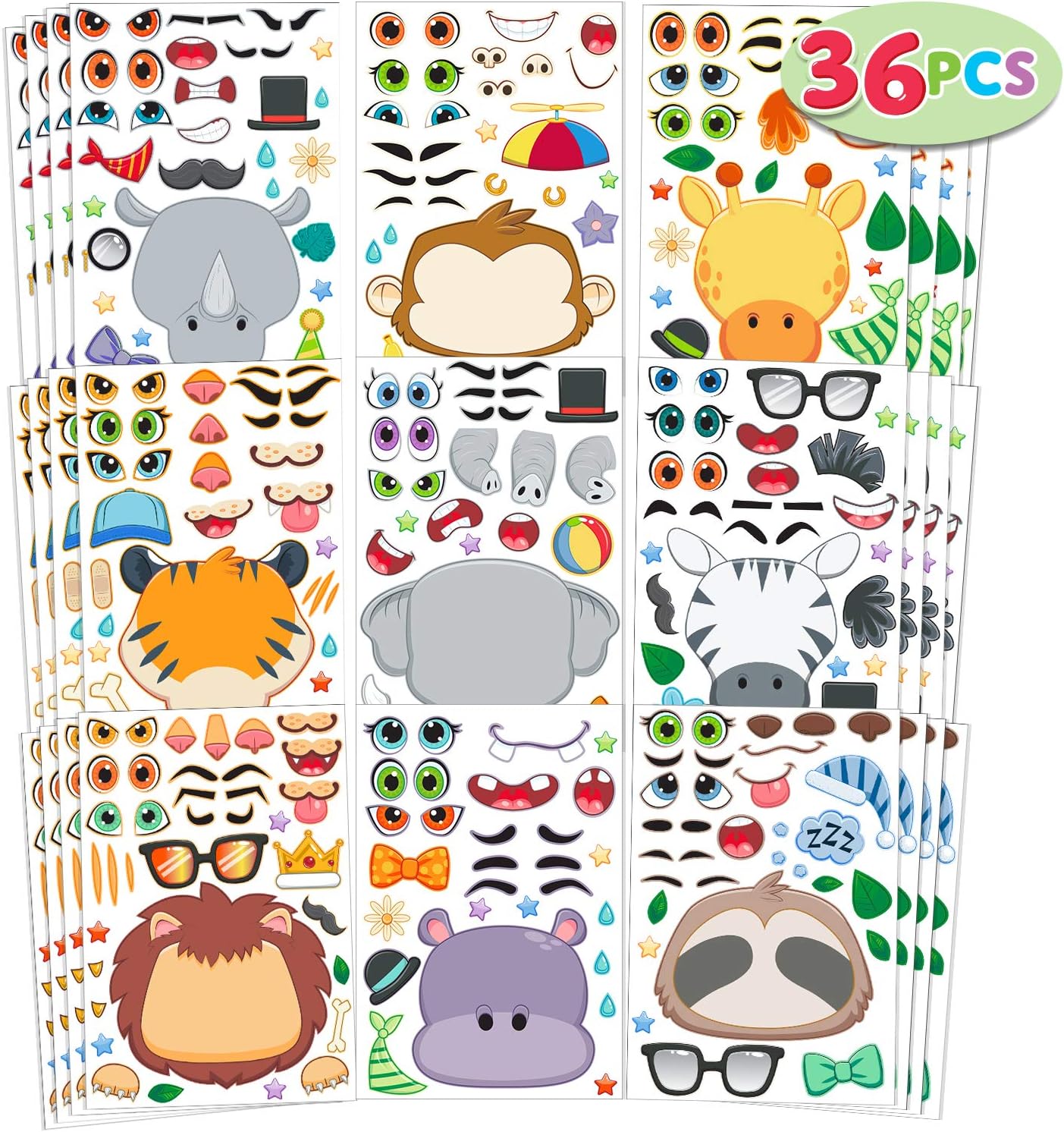 JOYIN 36 PCS 9.8x6.7 Make-a-face Sticker Sheets Make Your Own Safari Animal Mix and Match Sticker Sheets with Safaris Animals Kids Party Favor Supplies Craft