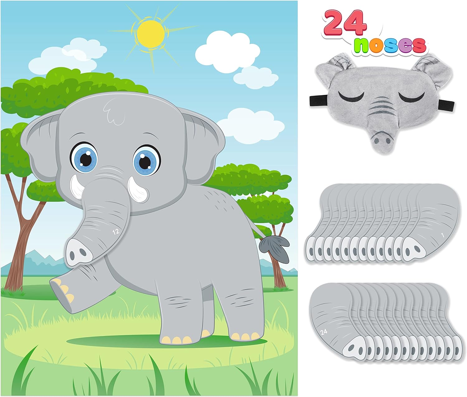 JOYIN Pin The Nose on The Elephant Game -21'' x 28'' Elephant Themed Party Games with 24 PCs Elephant Nose Stickers,Make a Face Sticker Mix and Match Favors Party Games, Decorations for Party Games