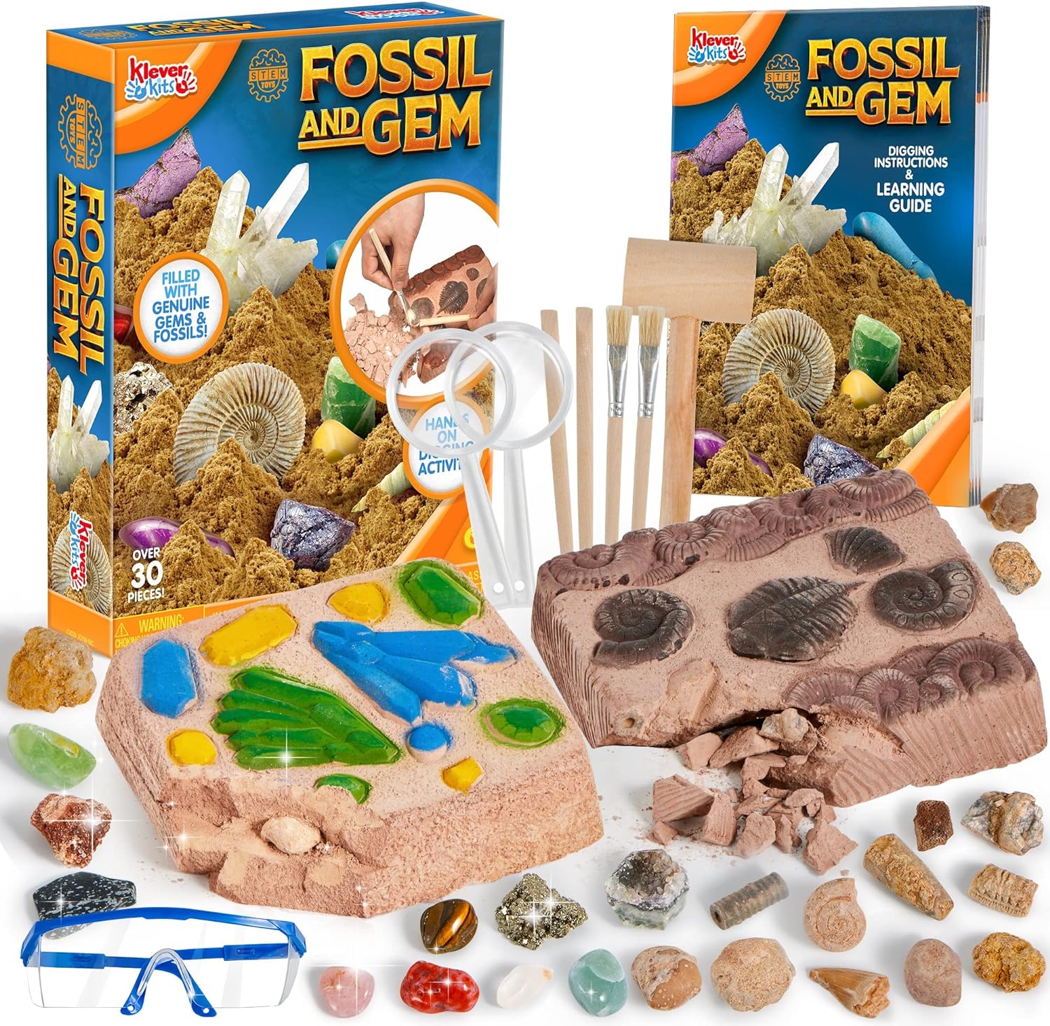 Fossil and Gemstone Digging Kit - 30  Pcs Digging Kit for Kids Includes 24 Real Fossils, Huge Gems and Crystals, Shark Tooth, Geodes - Educational Toys, Great STEM Science Kit Gift for Girls and Boys