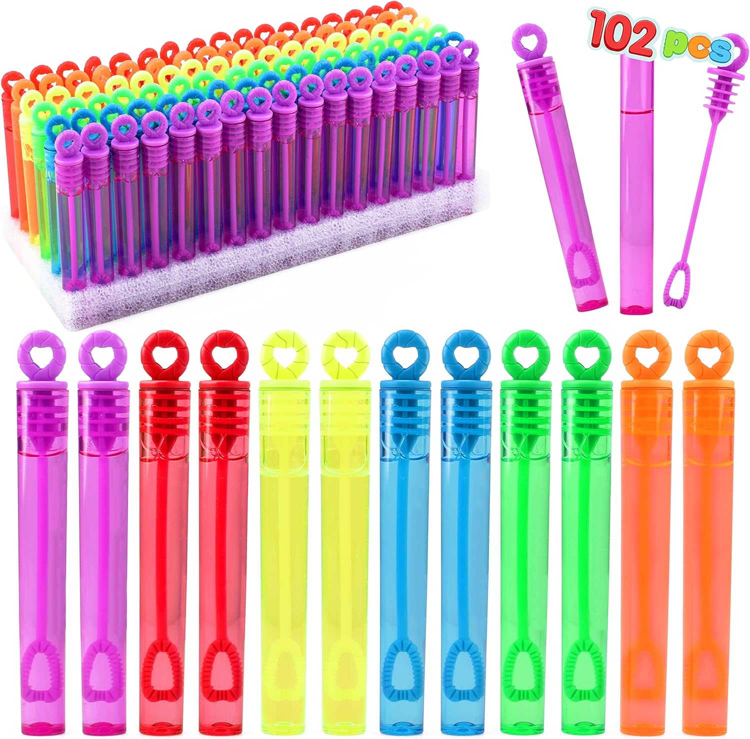 Sloosh 102 Pcs Circle Mini Bubble Wands Bulk with 8 Colors for Kids' Bubble Toys Summer Bubble Fun Activity, Easter, and Assortment Party Favors Gift