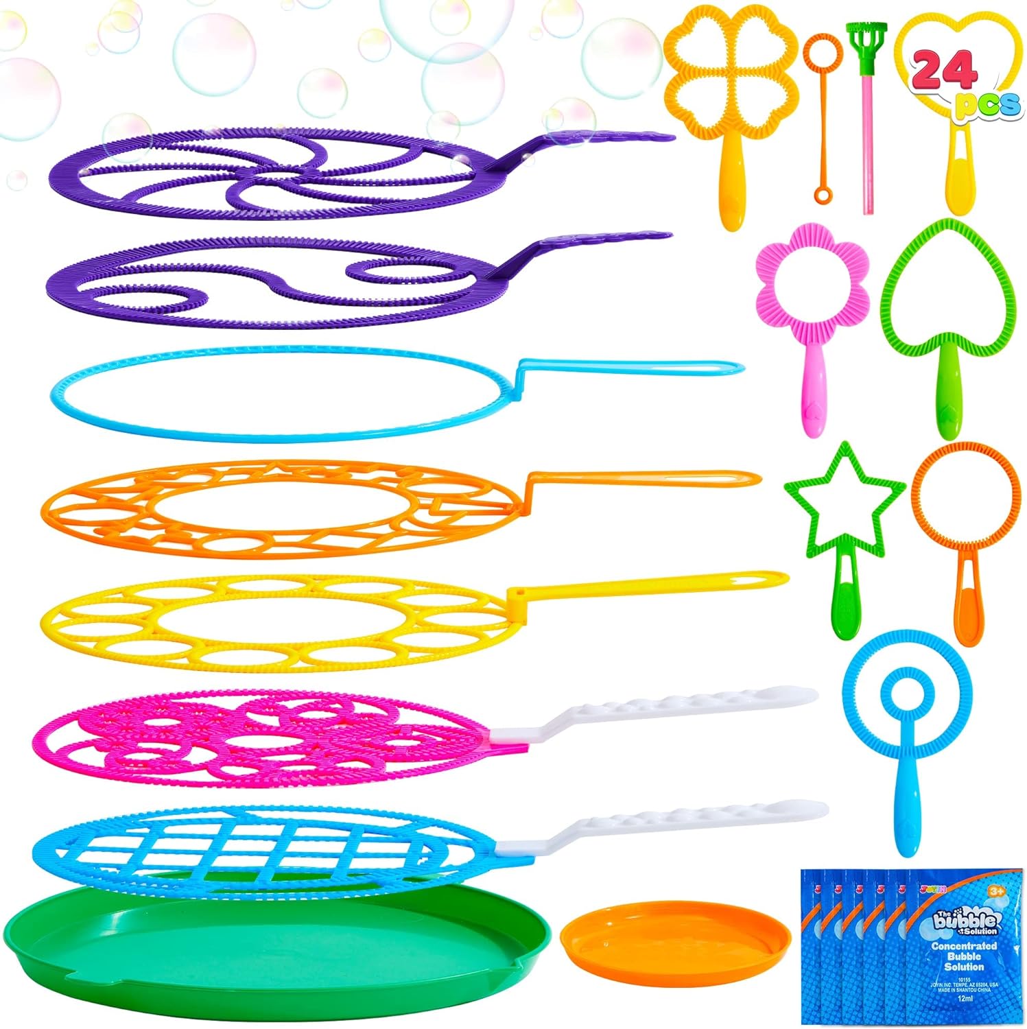 JOYIN Big Bubble Wands Set Bulk for Kids Summer Outdoor Activity Party Favors, 18 Pcs Giant Bubble Maker with Tray, 12 Large , 6 Pcs Bubble Solution Suitable for All Age People