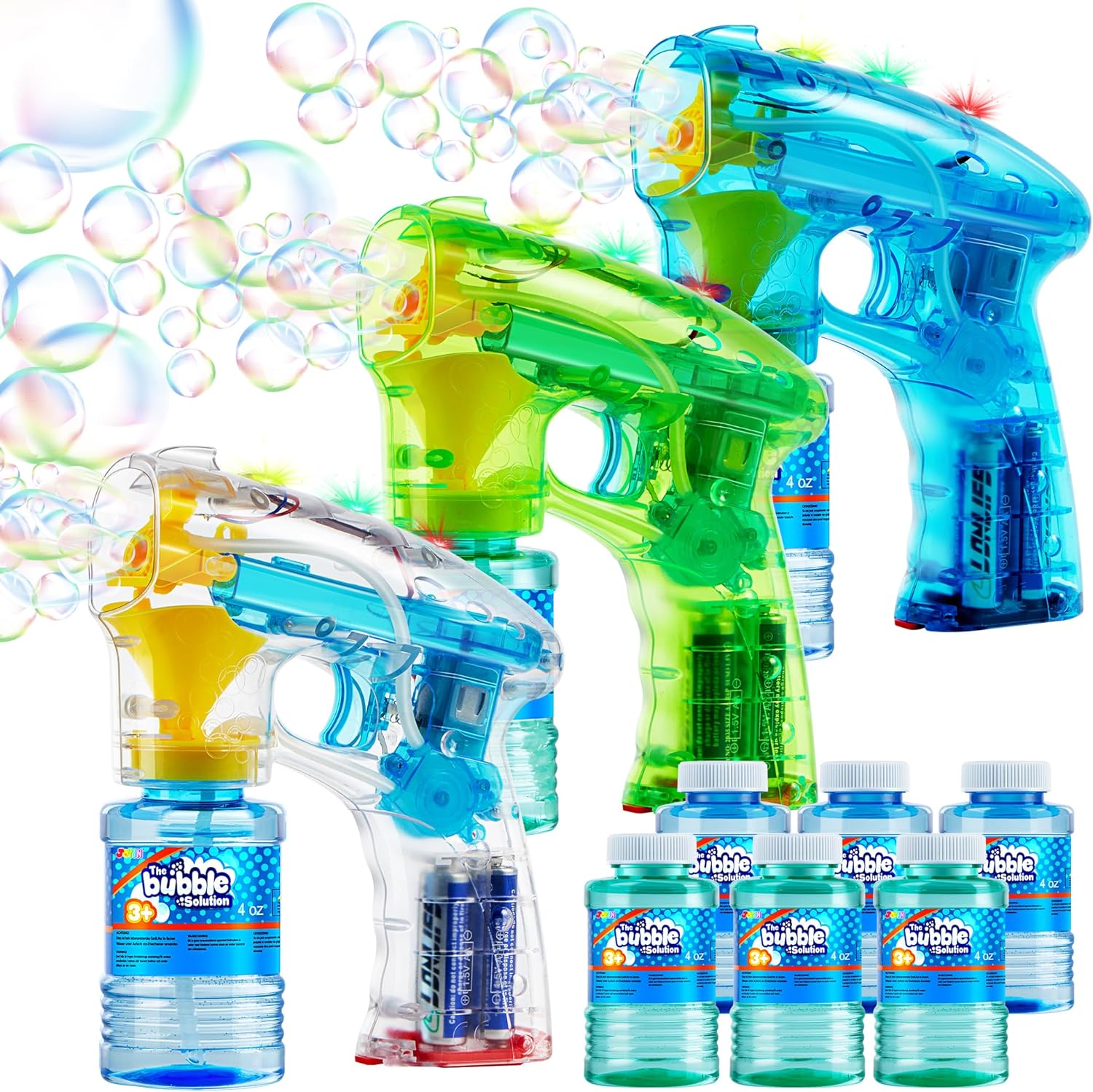 JOYIN 3 Bubble Guns Kit for Blaster Party Favors, LED Machine Blaster Supplies, Summer, Outdoors Activity, Birthday Gift, Blower Toy, Easter.