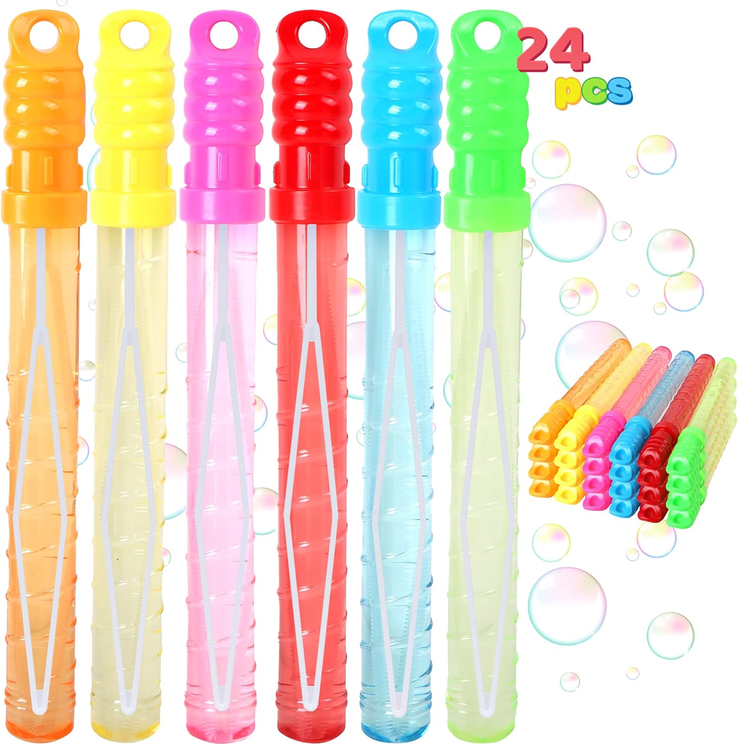 JOYIN 24 Pack 10 mid Bubble Wands Assortment, 6 Colors Bubble Wands 3 OZ Party Favors Kids Summer Toys, Outdoor Play Toys Games Christmas Birthday Party