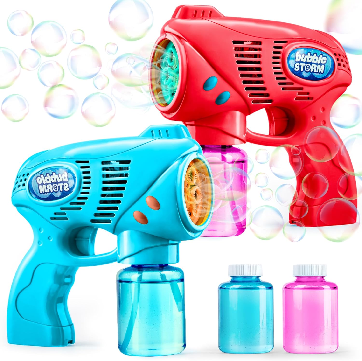 JOYIN 2 Bubble Guns with 2 Bubble Refill Solution (10 oz Total), Bubbles Maker, Blower, Machine Gun Blaster for Kids, Toddlers, Outdoors Activity, Party, Birthday Gift, Easter Bubble Toys (Blue Red)