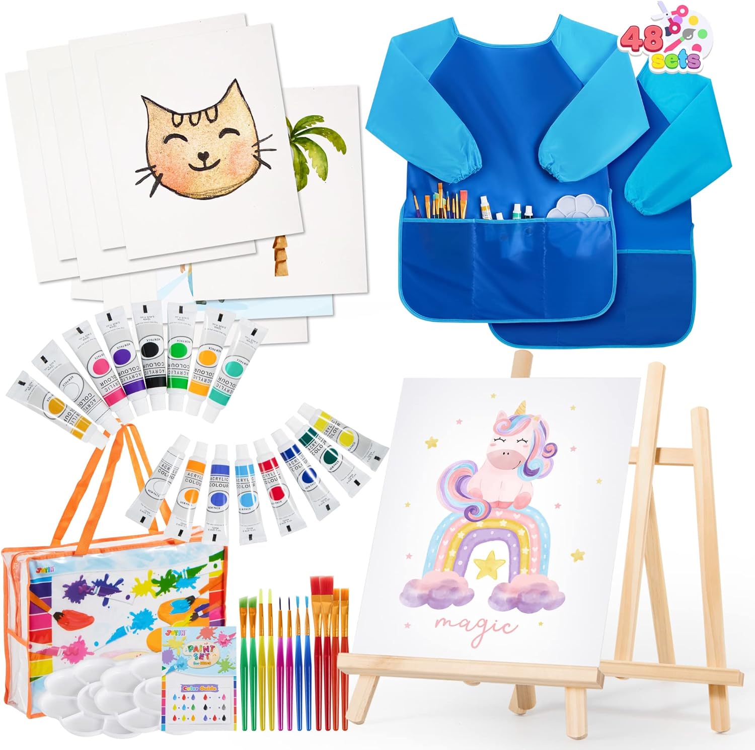 48 Pieces Art Painting Supplies for Toddlers and Kids with 12 Paint Brushes, 10 Painting Canvas, 2 Tabletop Easels, 2 Art Smocks, 18 Acrylic Painting Colors, Paint Palettes, Christmas Gifts for Kids