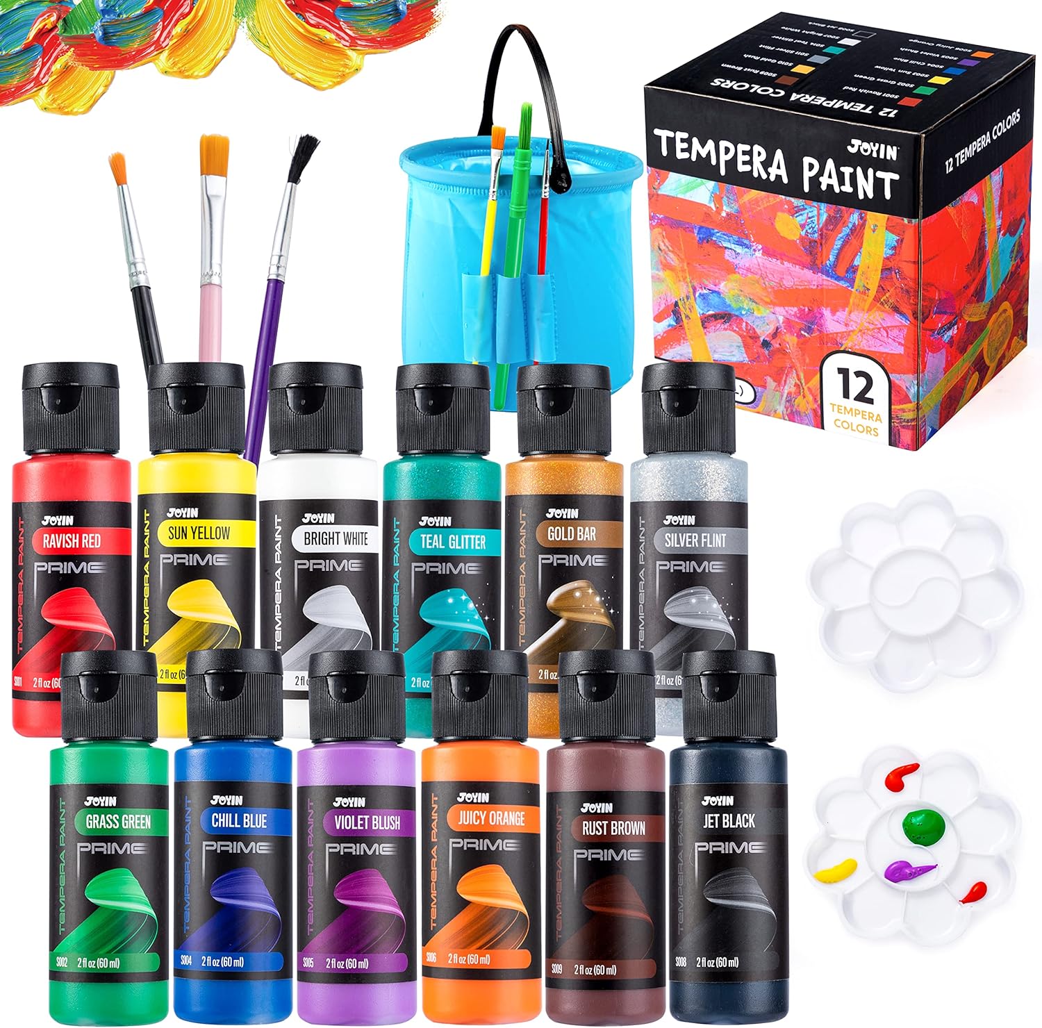 JOYIN 12PCS Washable Kids Tempera Paint Set (2 oz Each), Liquid Poster Paint with 6 Brushes, 2 Palette & 1 Paint Brush Clean Bucket, Non-Toxic Kids Paint for Finger Painting, Hobby Painters