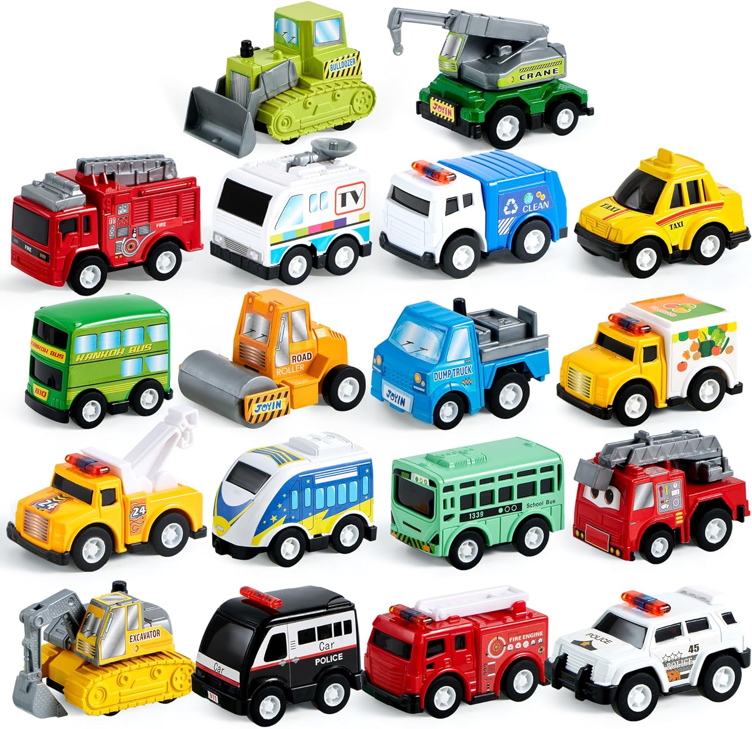 JOYIN 18 Piece Pull Back City Cars and Trucks Toy Vehicles Set Model Car, Friction Powered Die-Cast Cars for Toddlers, Boys, and Girls Educational Play - Kids Toys