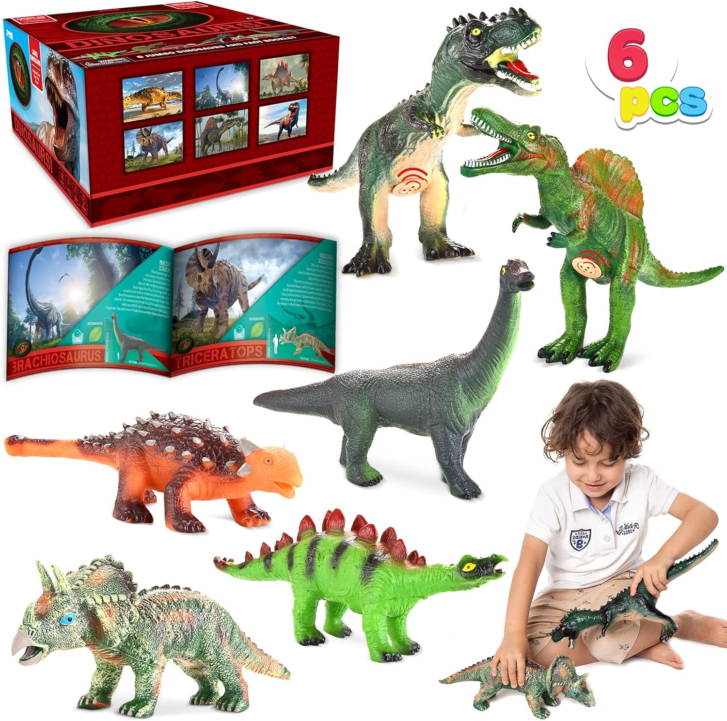 JOYIN 6Pcs Big Dinosaur Toys Set (12 to 14), Educational Dinosaur Figures with Realistic Sound, Including 6 Dinosaur, Introduction Booklet, Dinosaur Teaching Set, Dinosaur Party Toys for Boys Girl