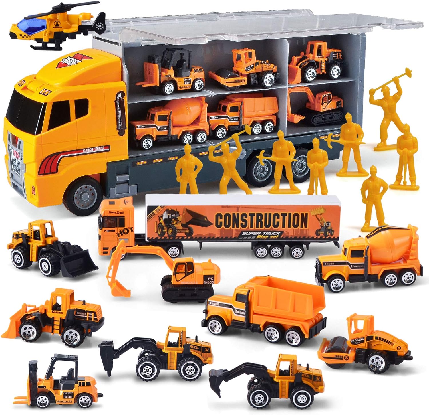 JOYIN 19 in 1 Die-cast Construction Toy Truck with Little Figures, Mini Construction Vehicles in Big Carrier Truck, Patrol Rescue Helicopter for Boys 3-9 Years Old, Kids Value Birthday Easter Gifts