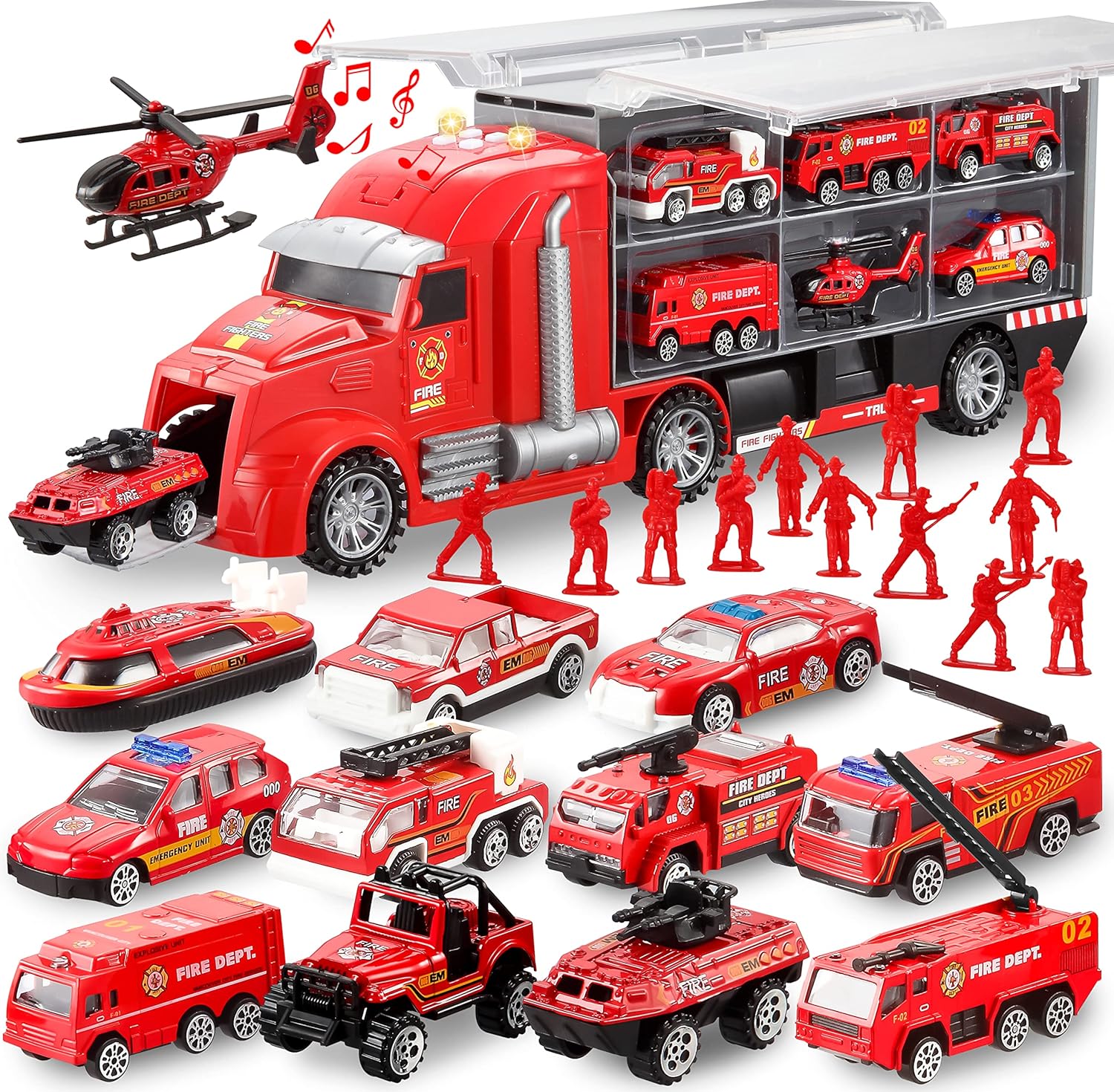 JOYIN 25 in 1 Die-cast Mini Rescue Emergency Fire Truck Car Vehicle Toy Set with Sounds and Lights, Birthday Gifts for Over 3 Years Old Boys