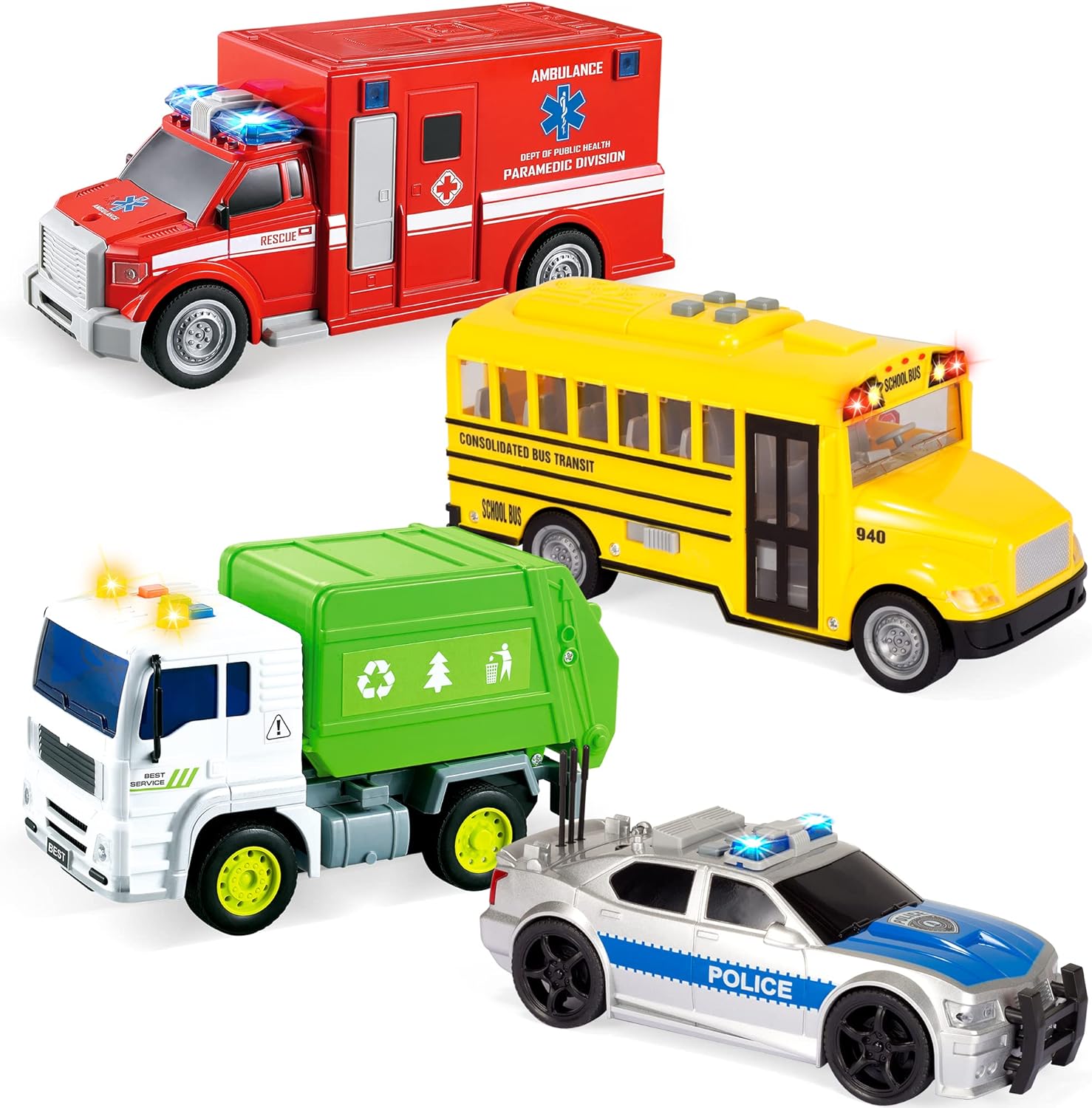 JOYIN 4 Pcs 7 Long Vehicle Toy Set, Toddlers Cars with Lights and Siren Sound, Including Play Police Car, School Bus, Toy Garbage Truck, Ambulance Toy, Birthday Party Gifts Toys for Boys 3-5