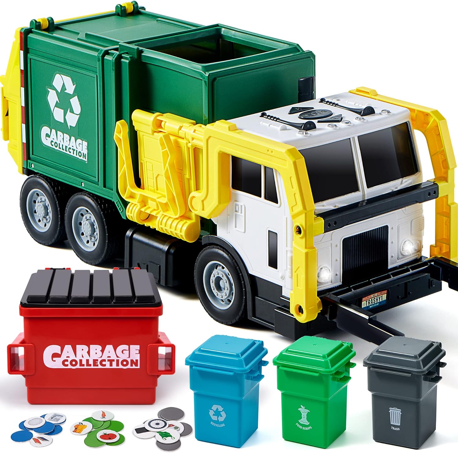 JOYIN 16 Large Garbage Truck Toys for Boys, Realistic Trash Truck Toy with Trash Can Lifter and Dumping Function, Garbage Sorting Cards for Preschoolers, Toy Truck Gift for Boy Age 2 3 4 5 Years Old