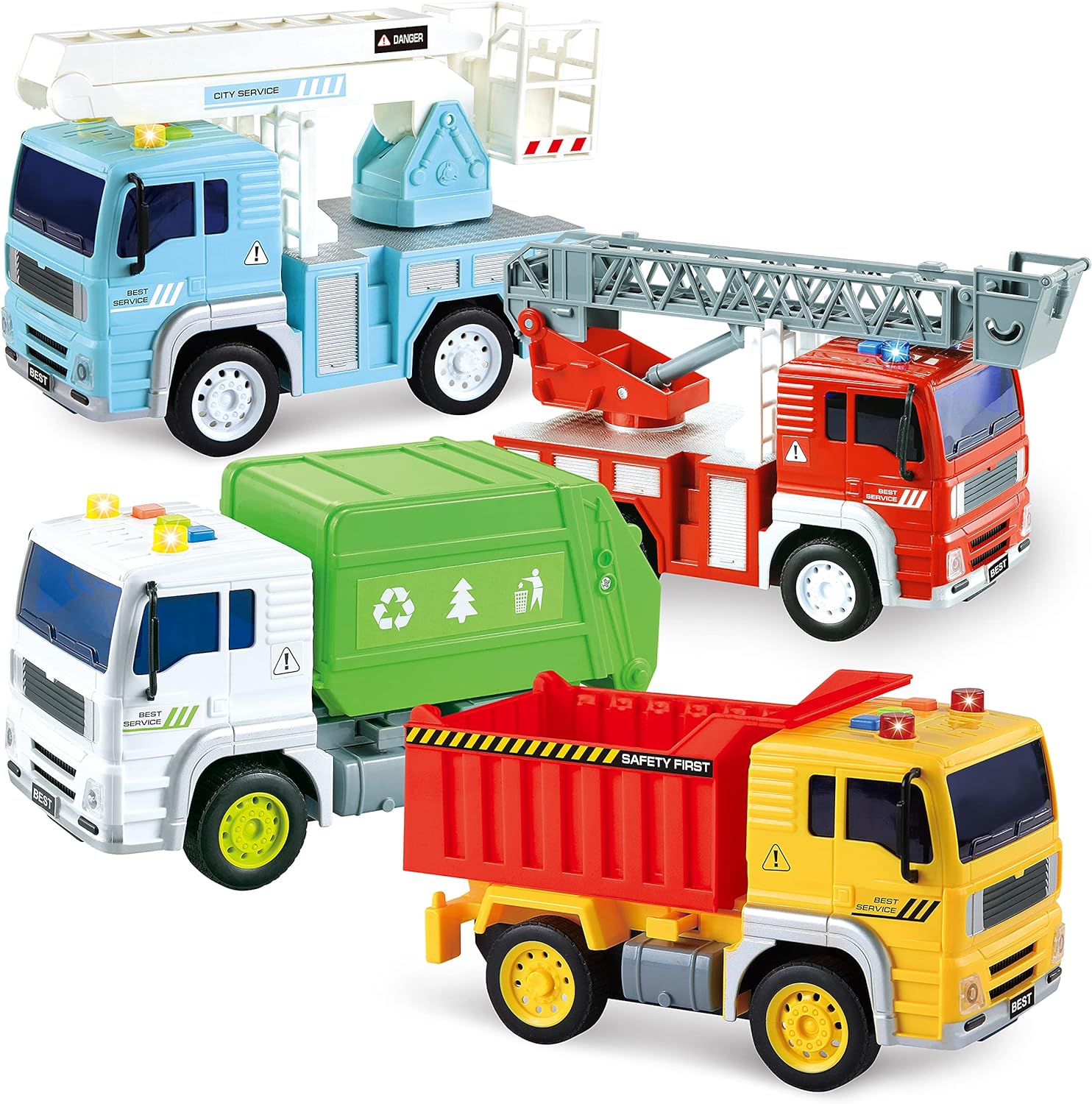 JOYIN 4 Pack Friction Powered City Vehicles Including Garbage Truck, Fire Engine Truck, Boom Lift Truck and Construction Dump Truck with Lights and Sounds