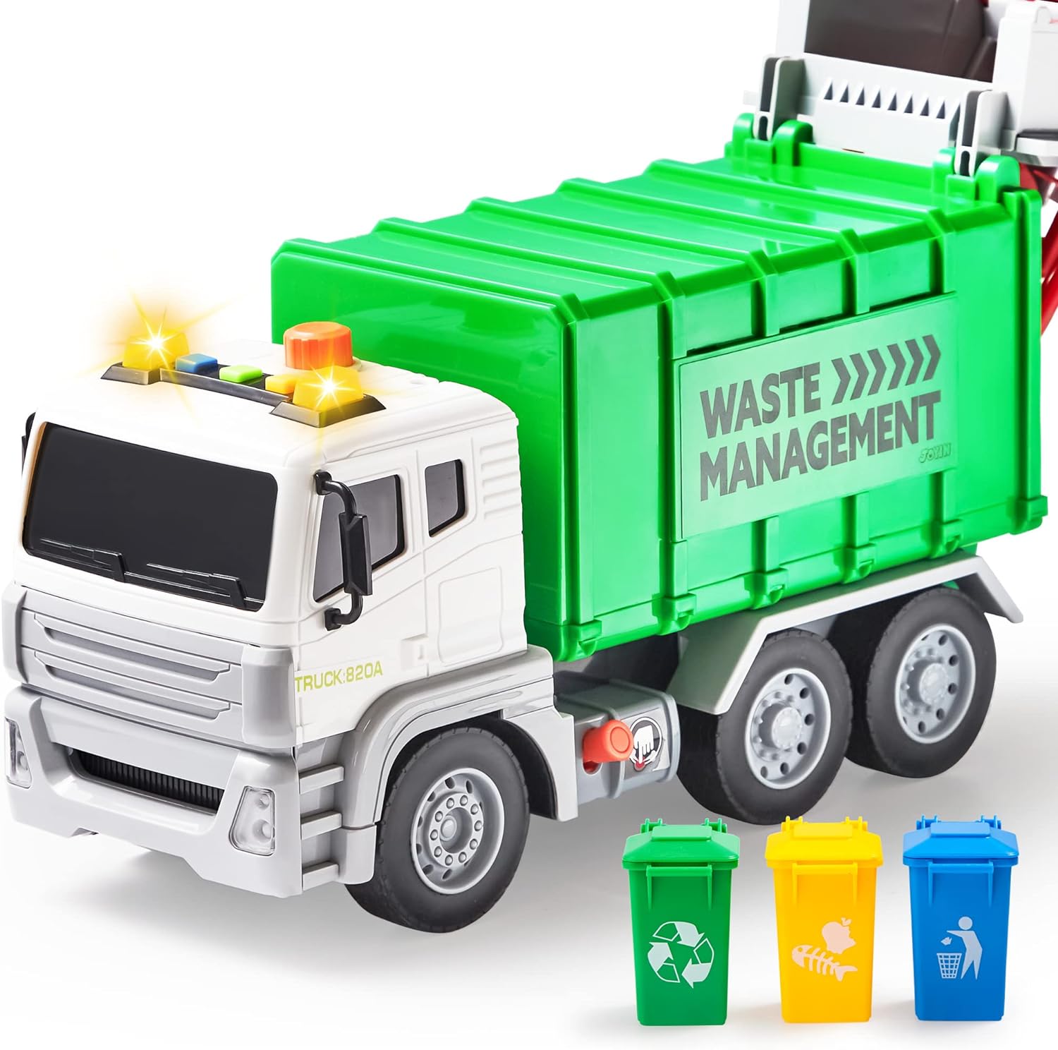 JOYIN 12.5 Garbage Truck Toy, Friction-Powered Trash Truck with Lights & Sounds, Back Dump Garbage Recycling Truck Toy Set with 3 Rear Loader Trash Cans, Boys Girls Toy Cars, Kids Birthday Gifts