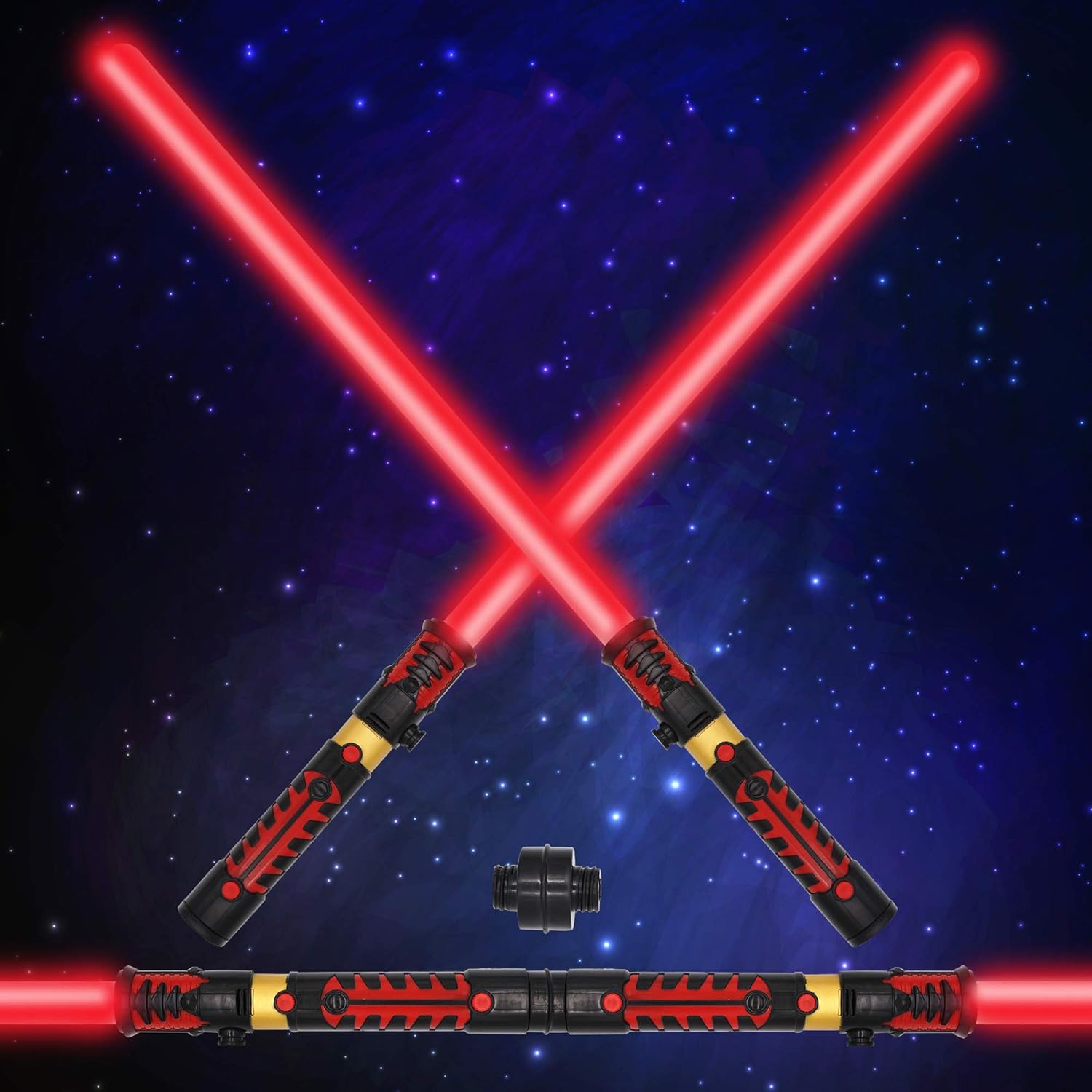 Light Up 2-in-1 LED FX Dual Red Light Swords Set with Sound (Motion Sensitive) and Realistic Handle for Halloween Costume Accessories Party Favor, Xmas Presents, Galaxy War Fighters and Warriors