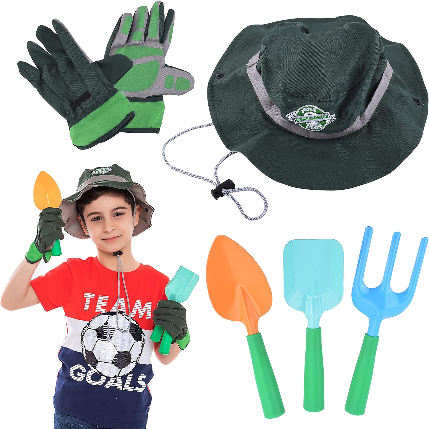 JOYIN 6 PC Kids Gardening Tools, Including Garden Tools Like Gardening Gloves, UV Protection Sun Hat, Shovel, Rake, and Trowel, Kids Backyard Outdoor Toy Play and STEM Learning (Green)