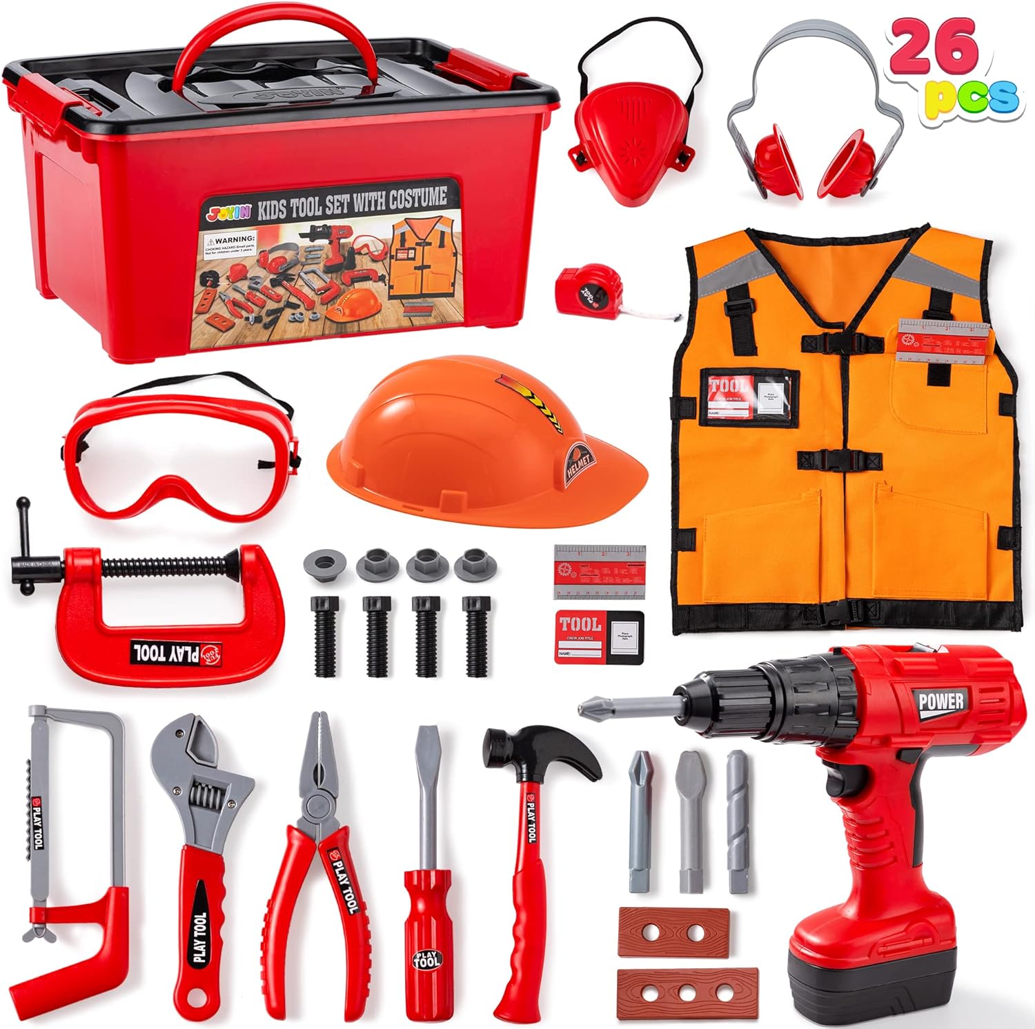 JOYIN 26Pcs Kid Tool Set, Pretend Play Toddler Tool Toy with Construction Worker Costume & Electronic Toy Drill in Storage Box for Boy Girl Halloween Birthday Dress Up Party