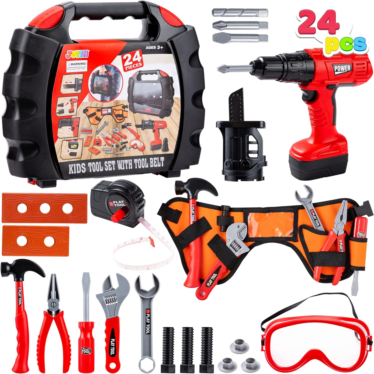 JOYIN 24Pcs Kid Tool Set, Pretend Play Toddler Tool Toy with Construction Worker Belt & Electric Toy Drill in Carry Case for Boy Girl Halloween Birthday Dress Up Party