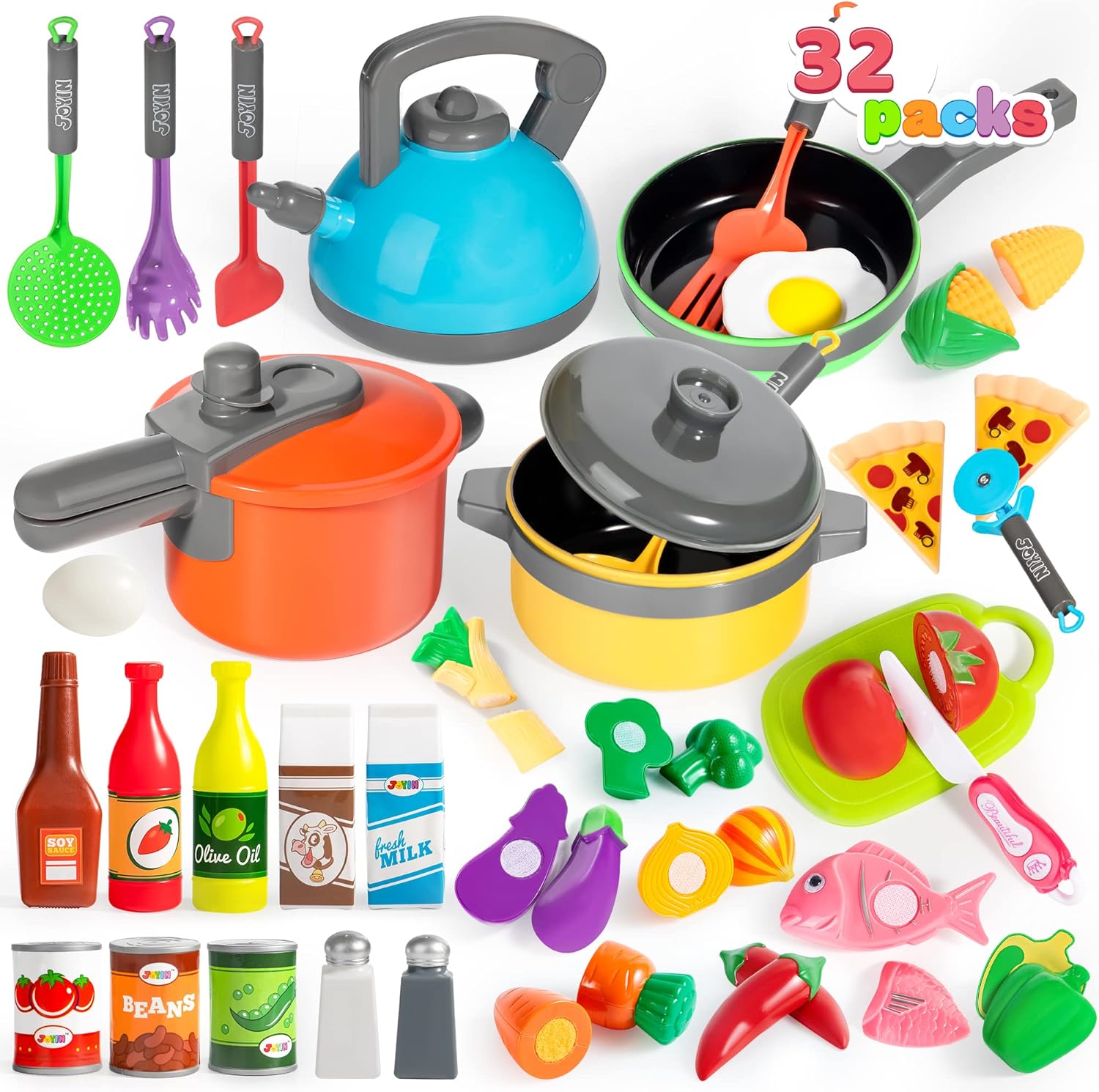 JOYIN 37Pcs Kids Play Kitchen Set, Pretend Food Toy, Cookware Set Including Pots and Pans, Play Food, Cutting Vegetables, Kids Kitchen Toy Accessories, Gifts for Toddler Boys Girls Ages 1-8