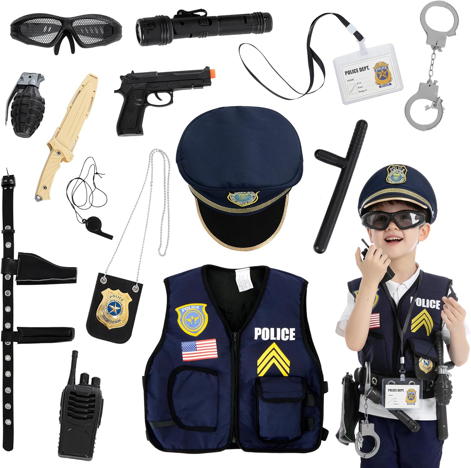 JOYIN 14 Pcs Police Pretend Play Toys Hat and Uniform Outfit for Halloween Dress Up Party, Police Officer Costume, Role-playing